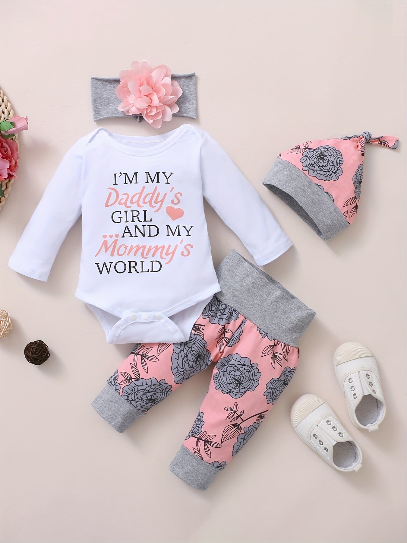 Infant Baby Comfy & Cute Outfit - Letter Graphic Romper + Floral Print Pants + Headband  Set