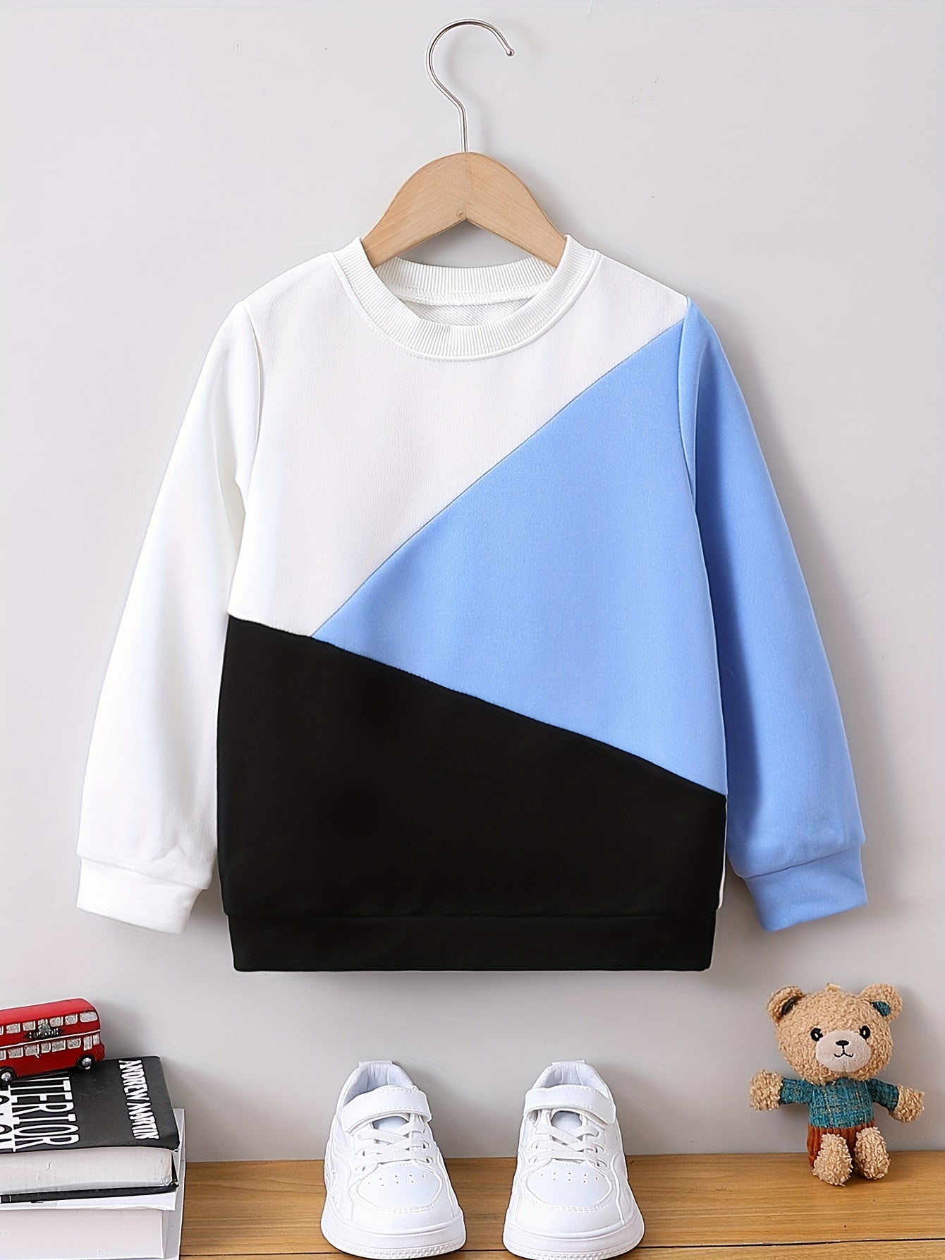 Boys Color Block Creative Pullover Sweatshirt, Long Sleeve Crew Neck Tops, Kids Clothes Outdoor
