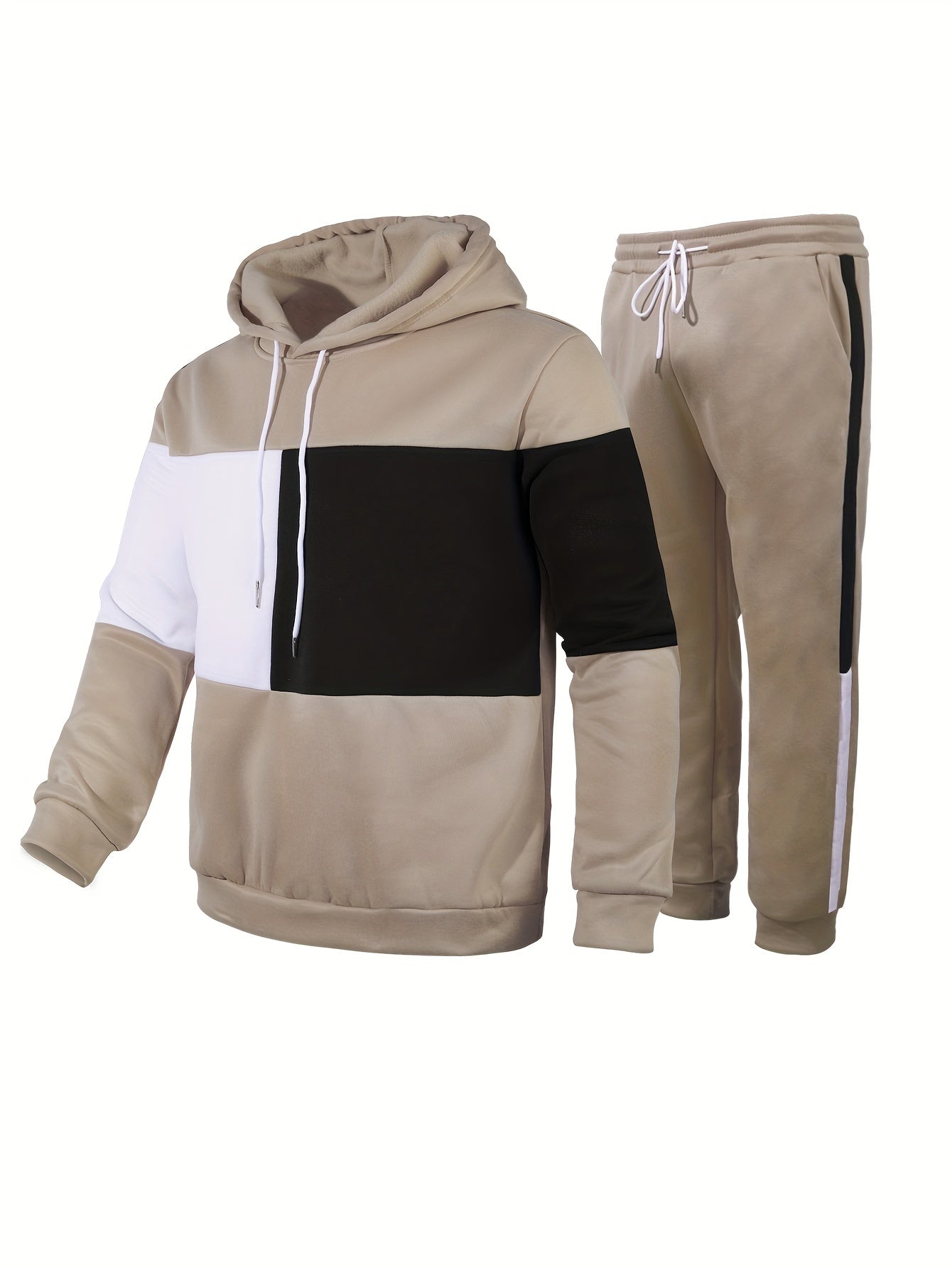 Men's Colorblock Hooded Sweatshirt Casual Outfit Set, 2 Pieces Long Sleeve Pullover Hoodies And Drawstring Sweatpants
