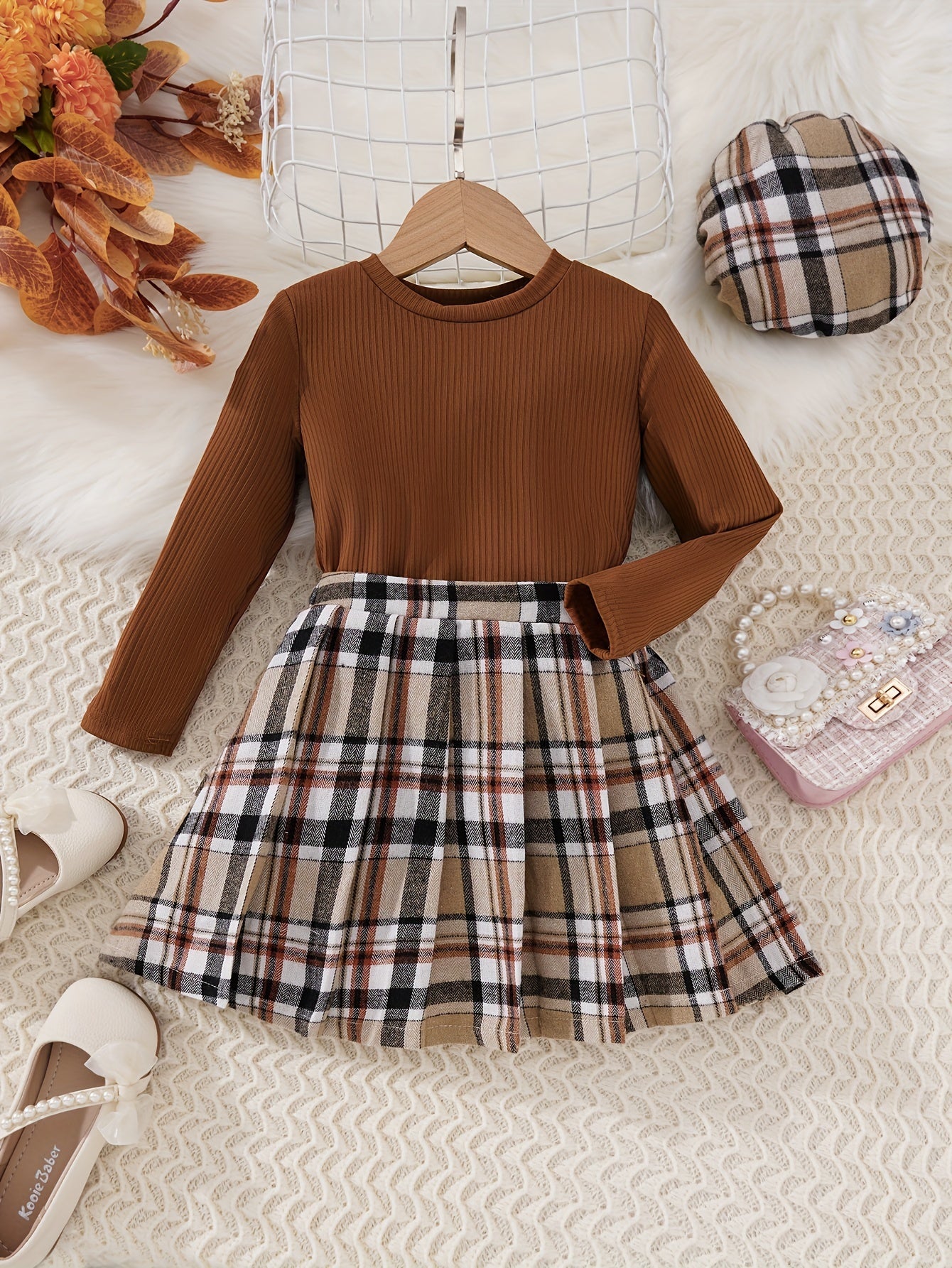 Girls 3pcs Ribbed Knit Long Sleeve Top & Plaid Pleated Skirt & Plaid Beret Set Kids Clothes For Party, Gift