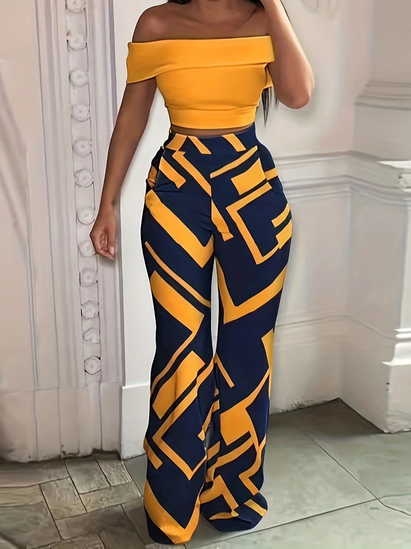 Solid Simple Two-piece Set, Off Shoulder Cropped Vest & High Waist Wide Leg Long Length Pants Outfits, Women's Clothing