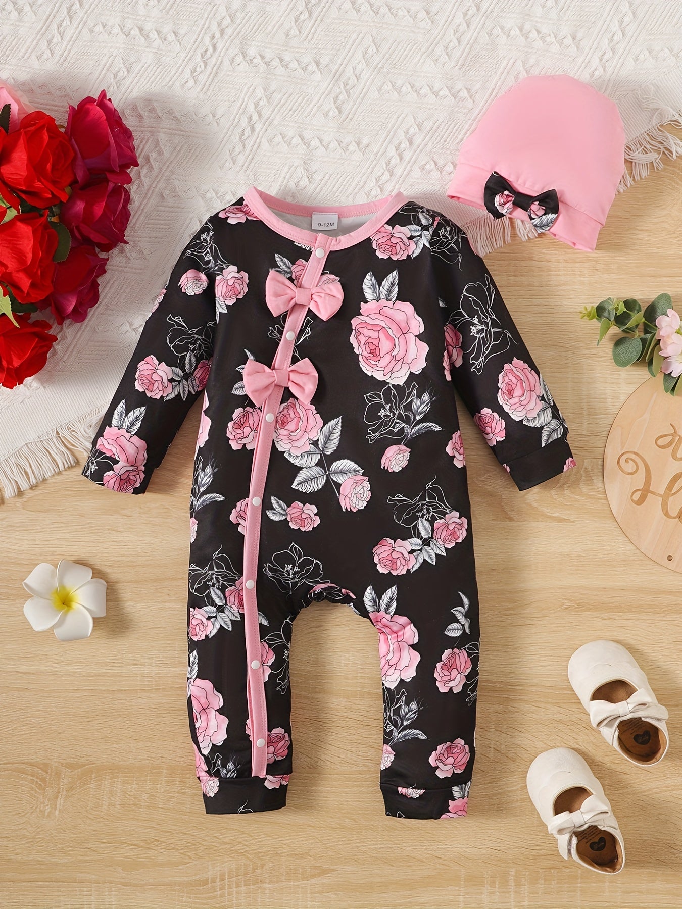 Baby Girl Floral Printed Button Up Long Sleeve Bodysuit With Bowknot, Cute Casual Jumpsuit