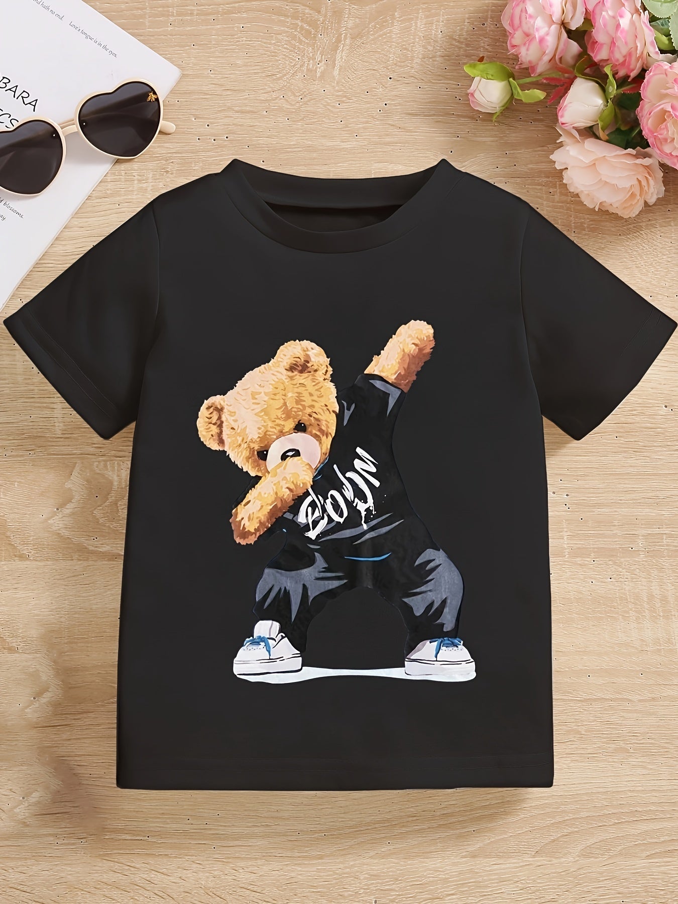 Trendy Dancing Bear Print Boys Creative T-shirt, Casual Lightweight Comfy Short Sleeve Crew Neck Tee Tops, Kids Clothings For Summer