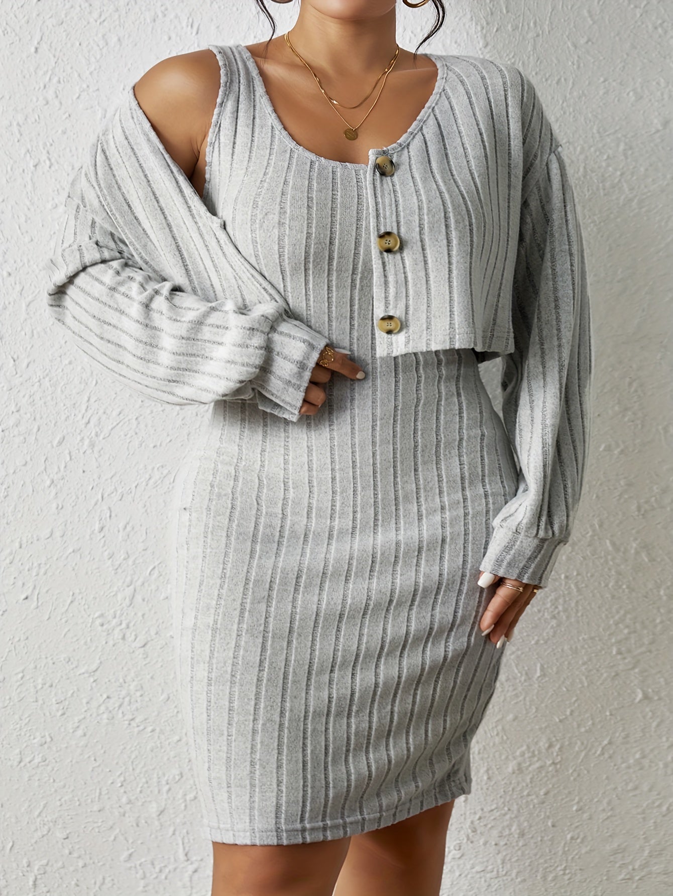 Plus Size Simple Outfits Set, Women's Plus Solid Ribbed Knit Round Neck Slim Fit Tank Dress & Long Sleeve Button Decor Knit Top Outfits Two Piece Set