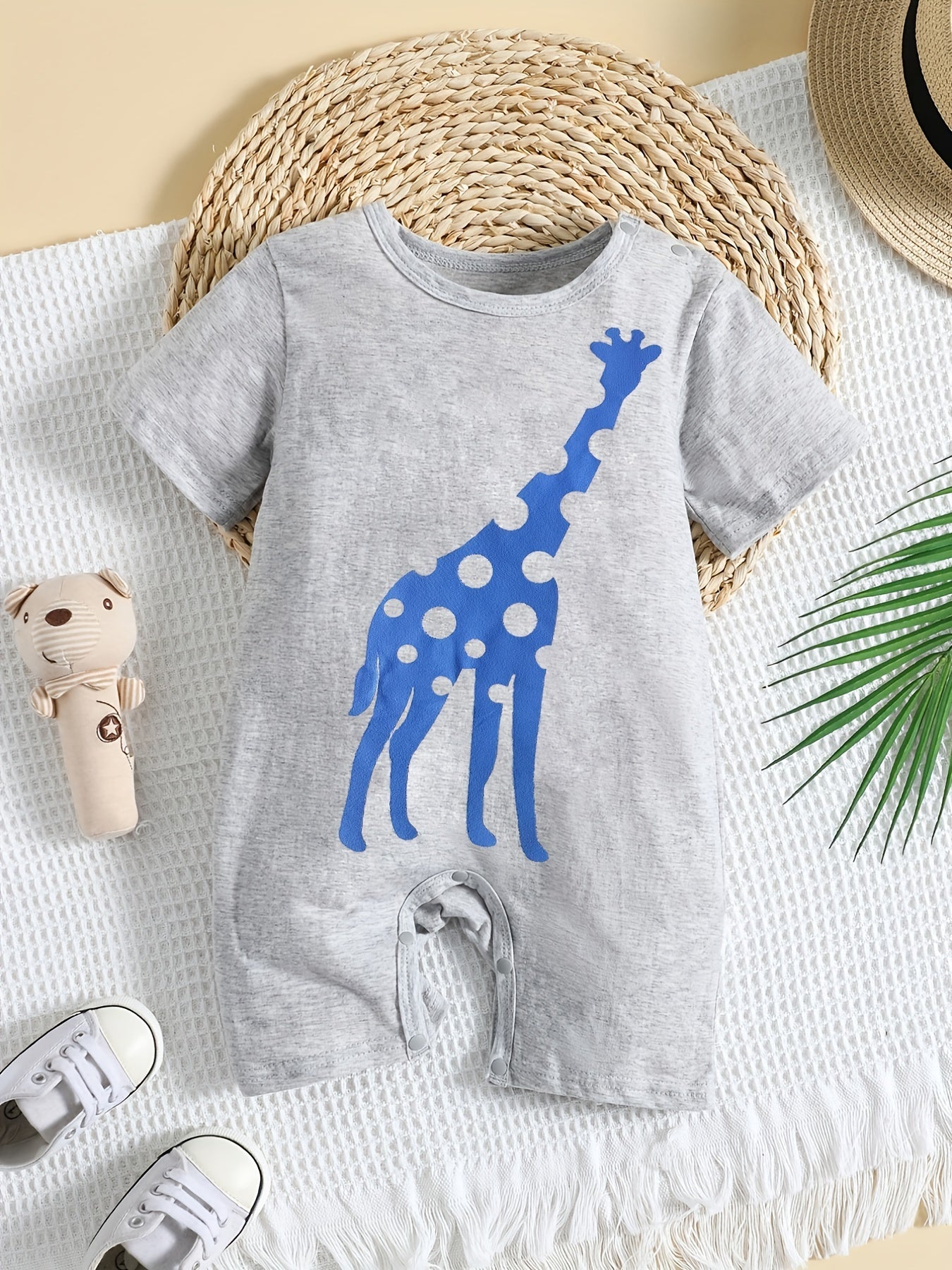 Cute Cartoon Giraffe Graphic Baby Romper, Infant Jumpsuit, Newborn Cotton Summer Clothes