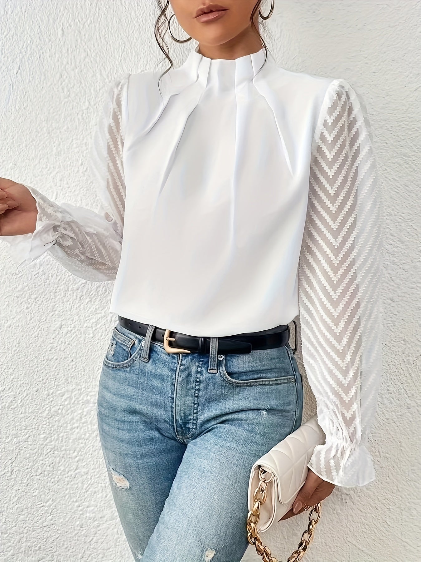 Solid Contrast Mesh Blouse, Elegant Mock Neck Ruched Blouse, Women's Clothing