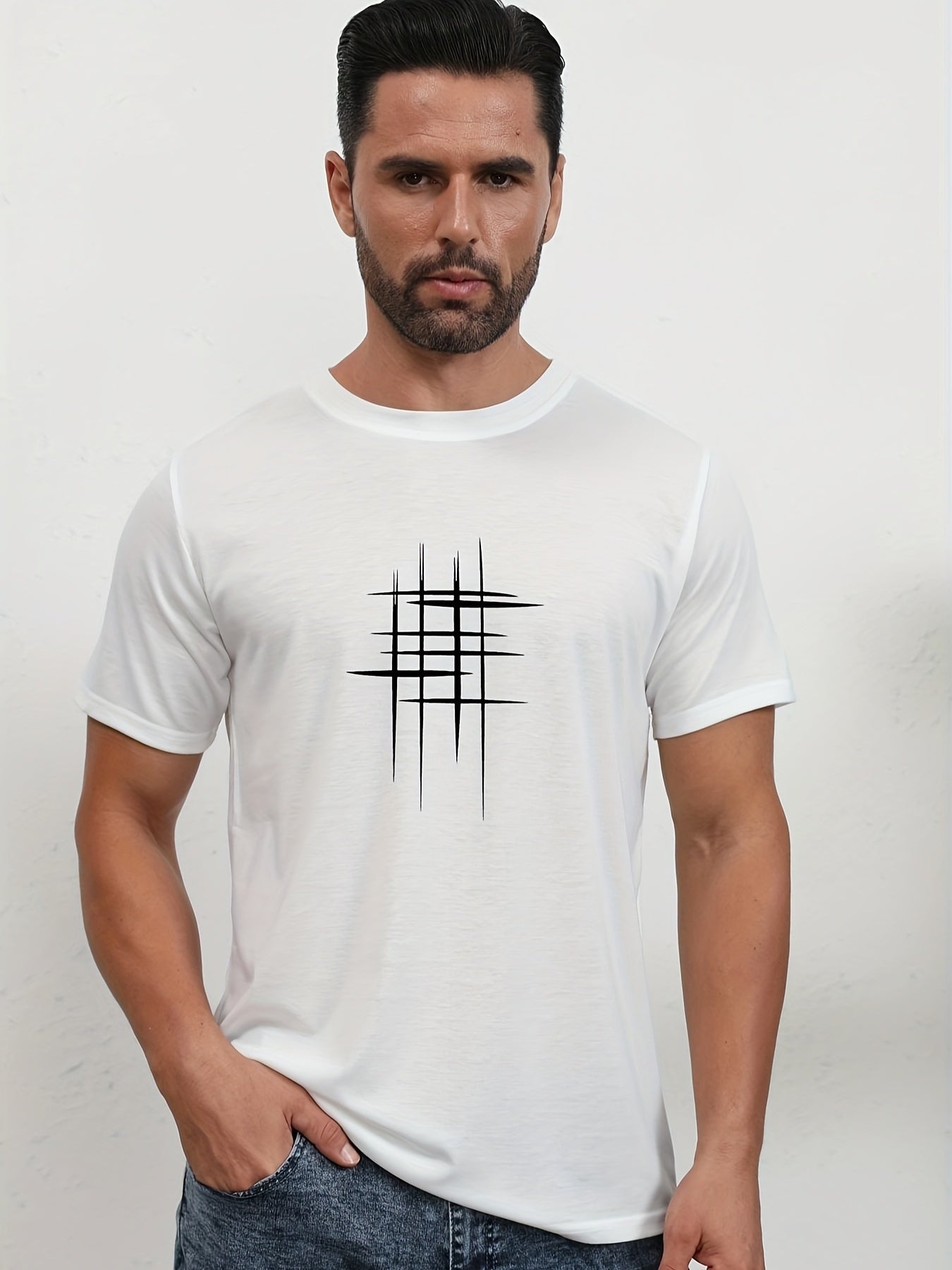 Line Cross Men's T-shirt For Summer Outdoor, Casual Slightly Stretch Crew Neck Tee Short Sleeve Graphic Stylish Clothing