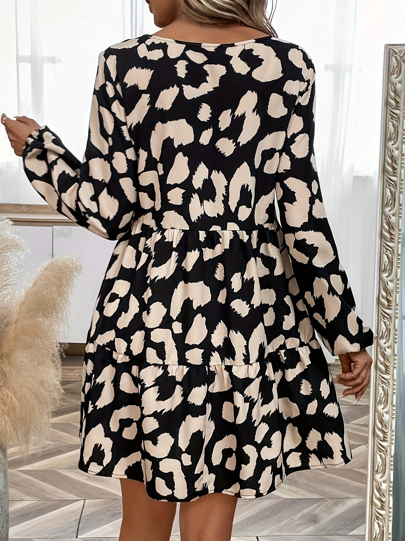 Leopard Print Tiered Dress, Elegant V Neck Long Sleeve Dress, Women's Clothing