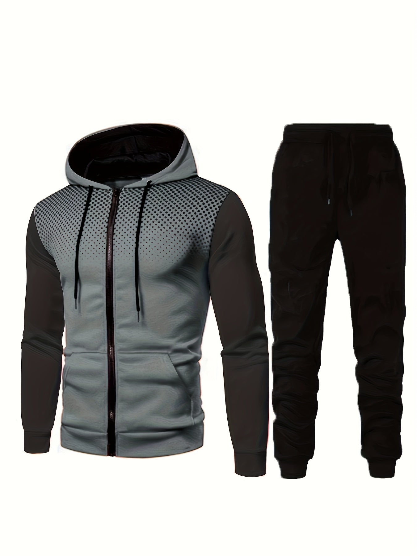 Casual Two Piece Set, Men's Graphic Zip Up Hooded Athletic Jacket & Drawstring Joggers Matching Set For Spring Fall Fitness Outdoor Activities