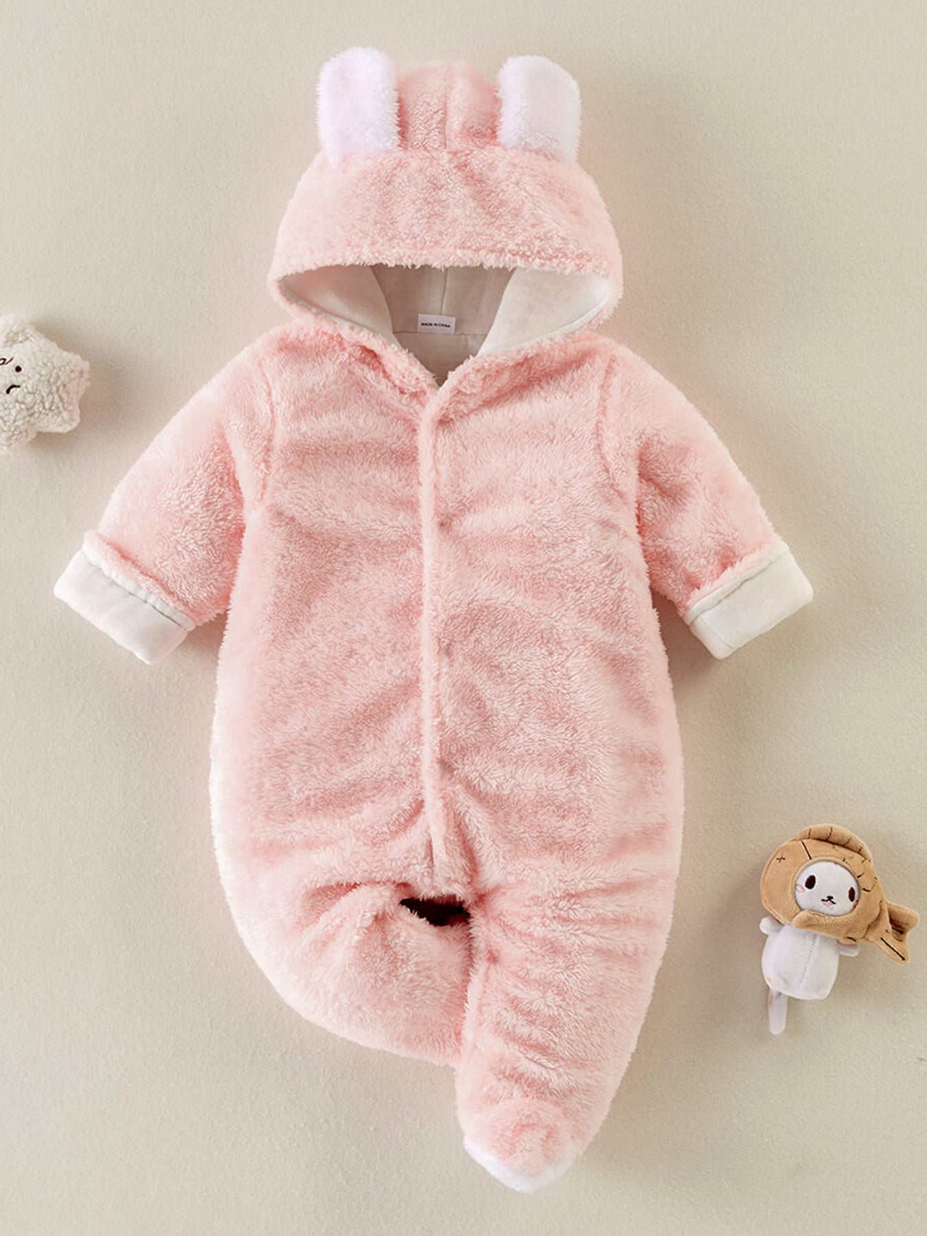 Baby Plush Long Sleeve Faux Fur Jumpsuit With Bear Ears Design For Fall Winter New