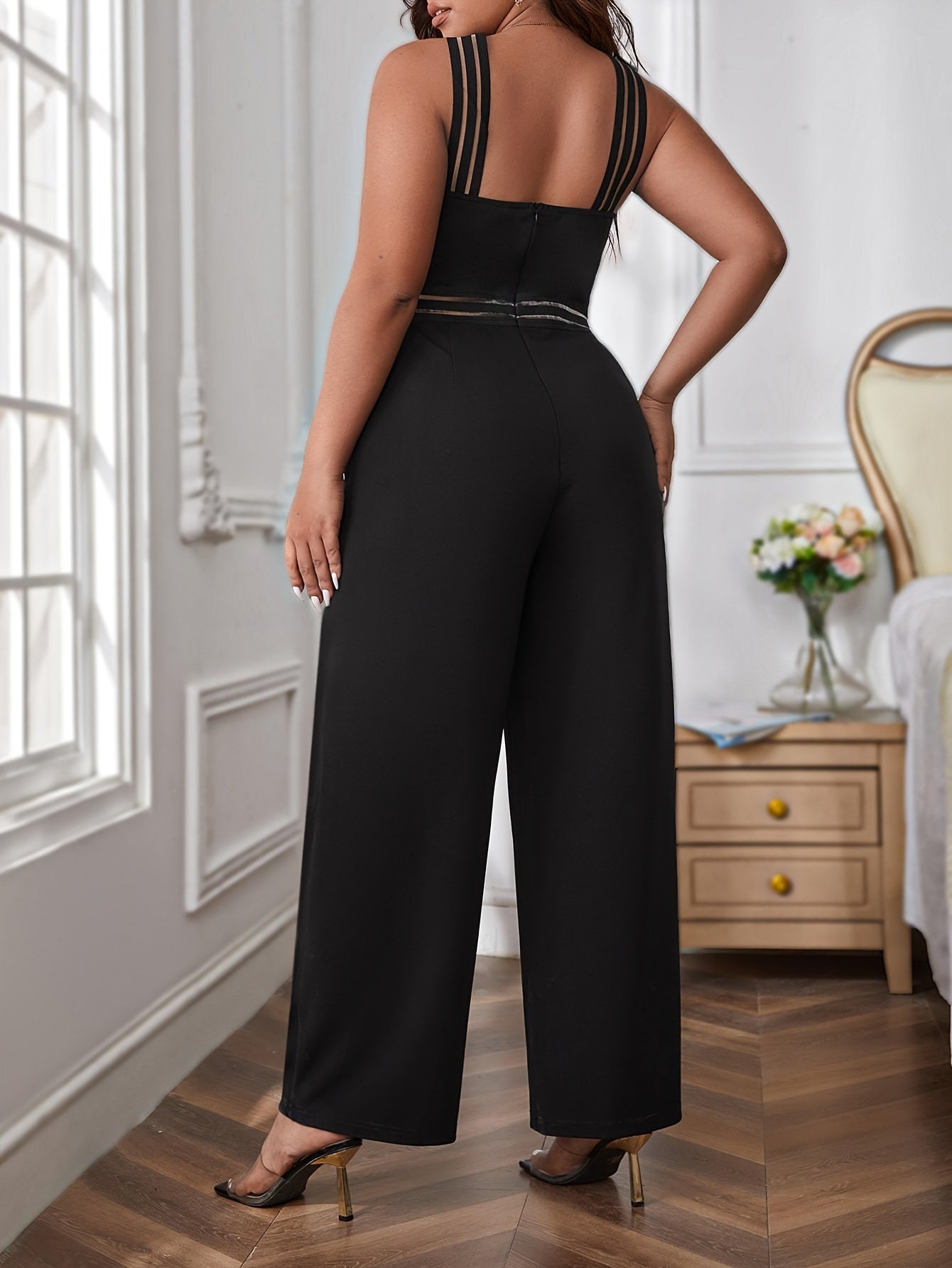 Plus Size Casual Jumpsuit, Women's Plus Solid Cross Neck Wide Leg Cami Jumpsuit