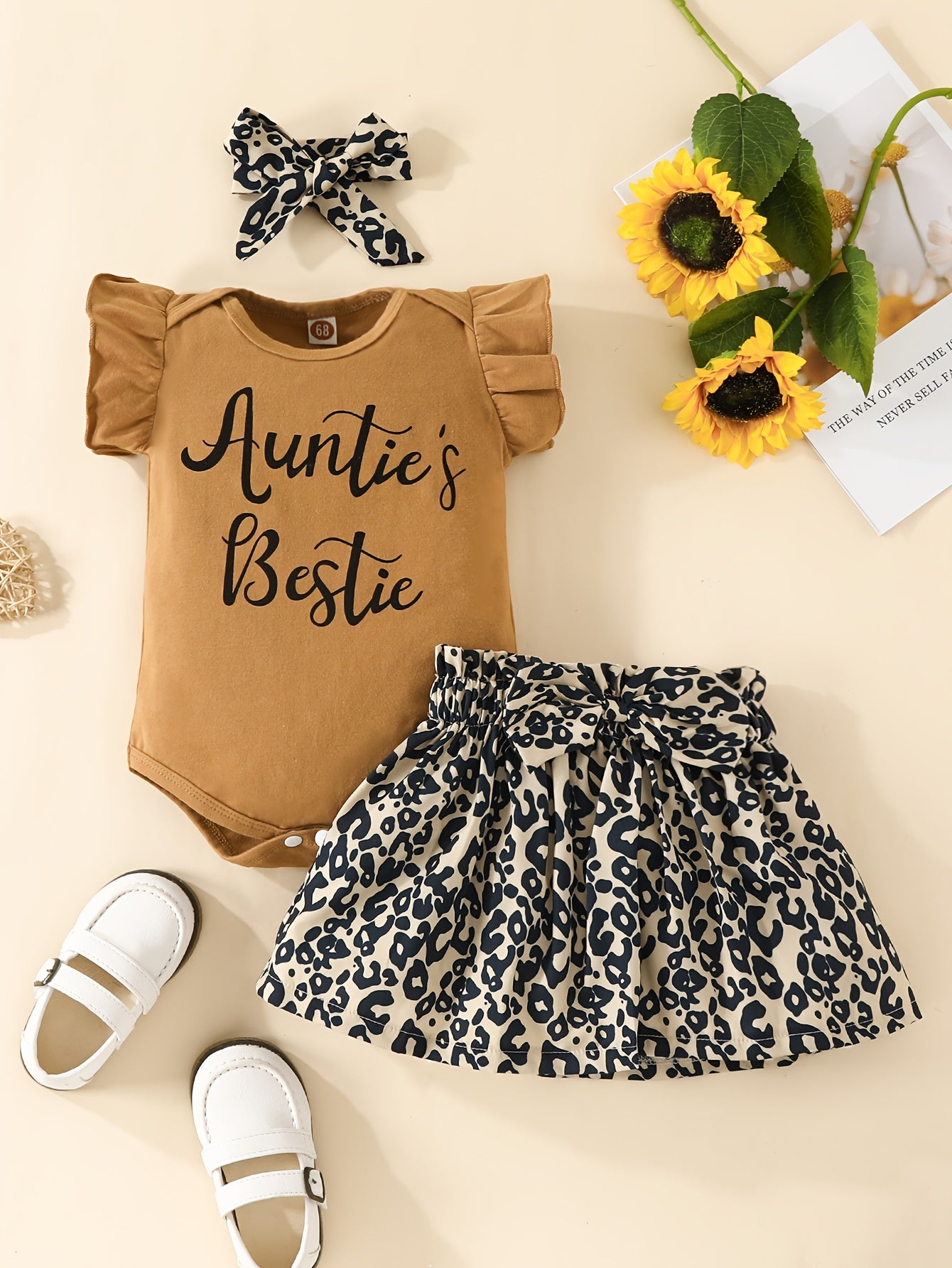 Cute "Auntie's Bestie" Print Flutter Sleeve Romper + Leopard Bow Skirt & Bow Headband, Baby Girls 3pcs Set