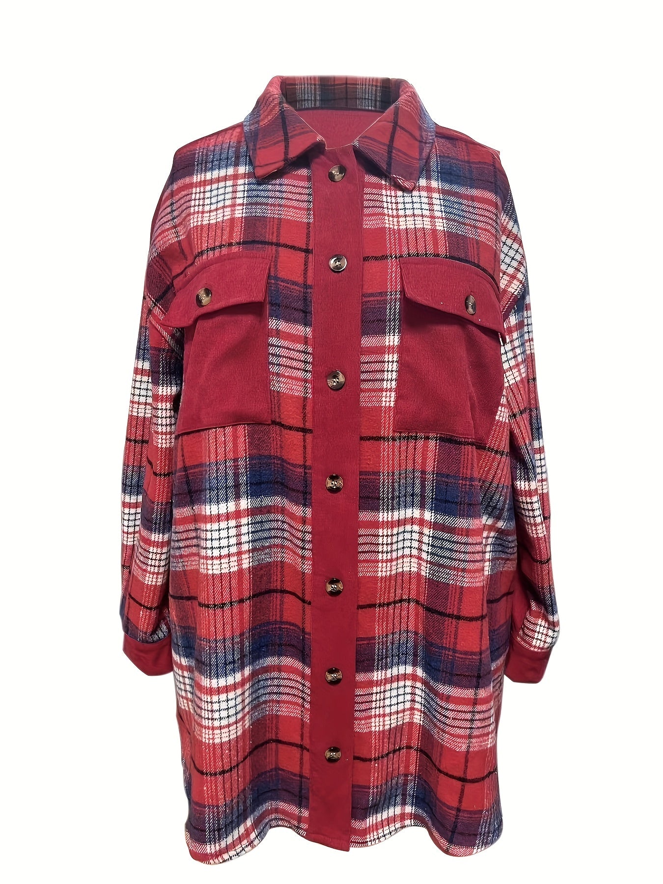 Plus Size Casual Blouse, Women's Plus Plaid Print Button Up Lantern Sleeve Turn Down Collar Tunic Shirt With Flap Pocket