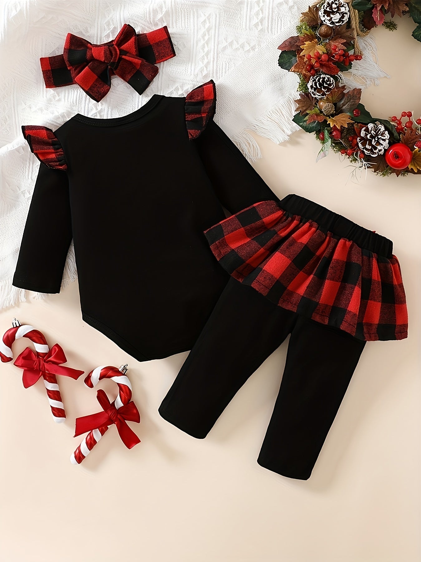 Baby Girls My First Christmas Fawn Print Ruffle Knit Long Sleeve T-shirt + Plaid Skirt Bow Trousers +headwear 3pcs Set