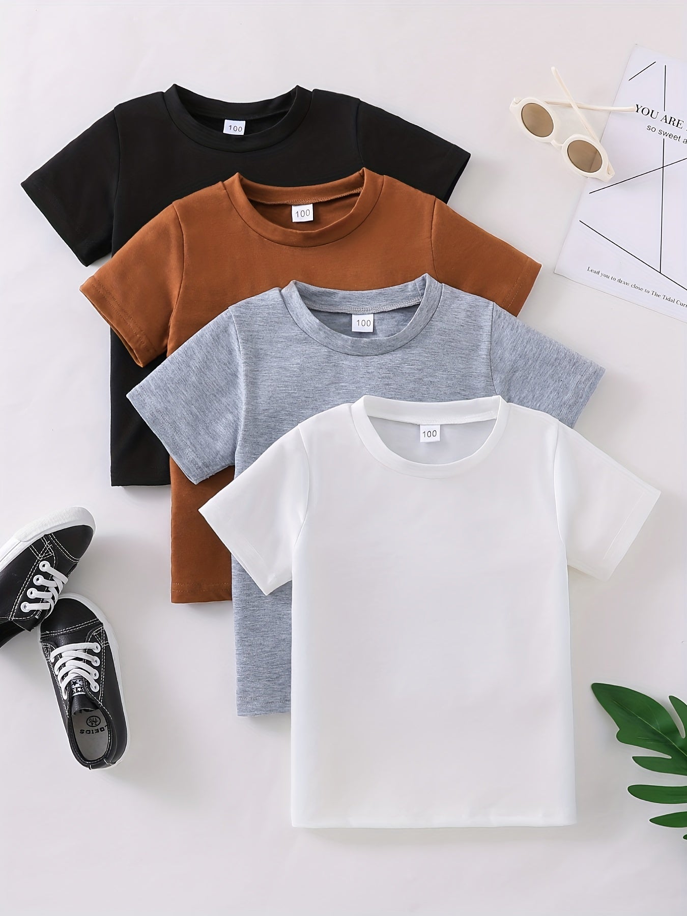 4 Pack Solid Color Boys Creative T-shirt, Casual Lightweight Comfy Short Sleeve Crew Neck Tee Tops, Kids Clothings For Summer