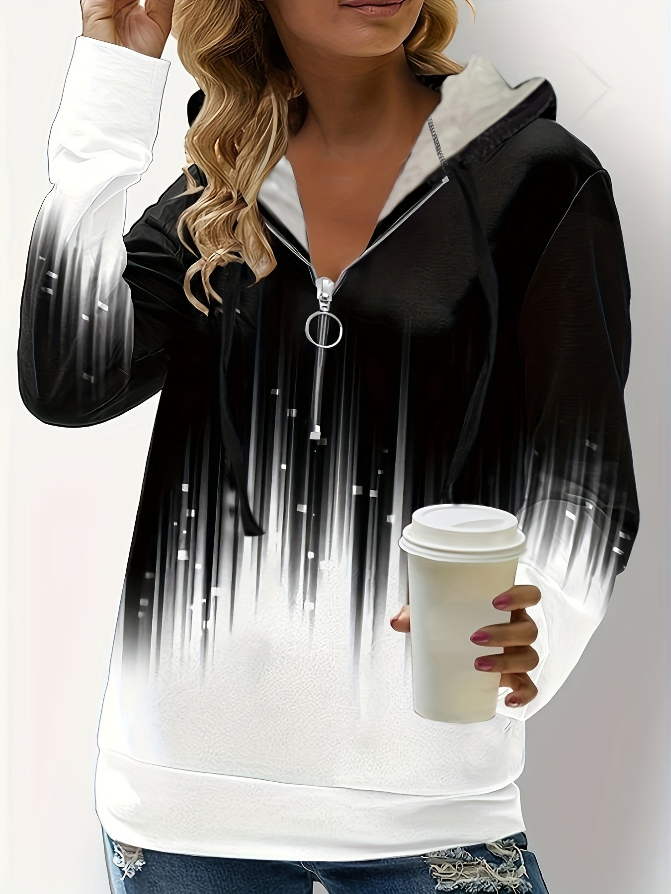 Plus Size Casual Sweatshirt, Women's Plus Zipper Ombre Print Long Sleeve Drawstring Hooded Medium Stretch Sweatshirt