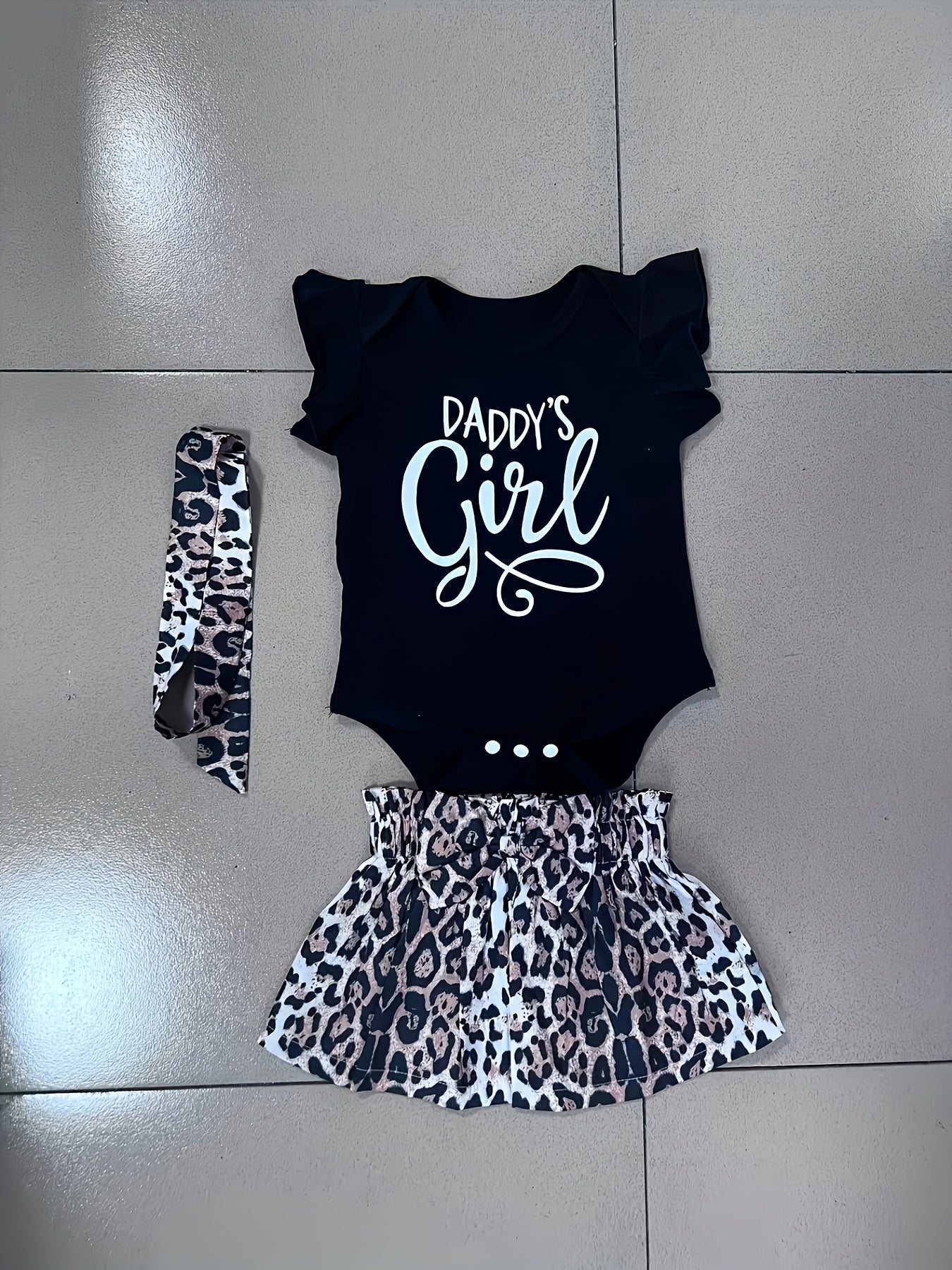 Cute "Auntie's Bestie" Print Flutter Sleeve Romper + Leopard Bow Skirt & Bow Headband, Baby Girls 3pcs Set