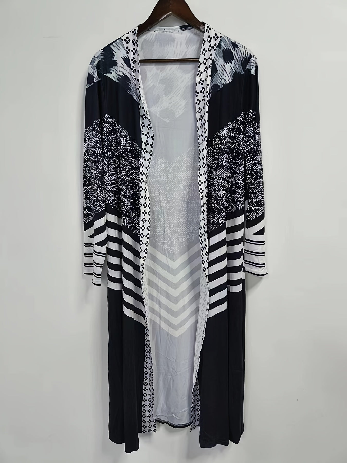 Plus Size Casual Coat, Women's Plus Colorblock Stripe & Leopard Print Long Sleeve Open Front Cardigan
