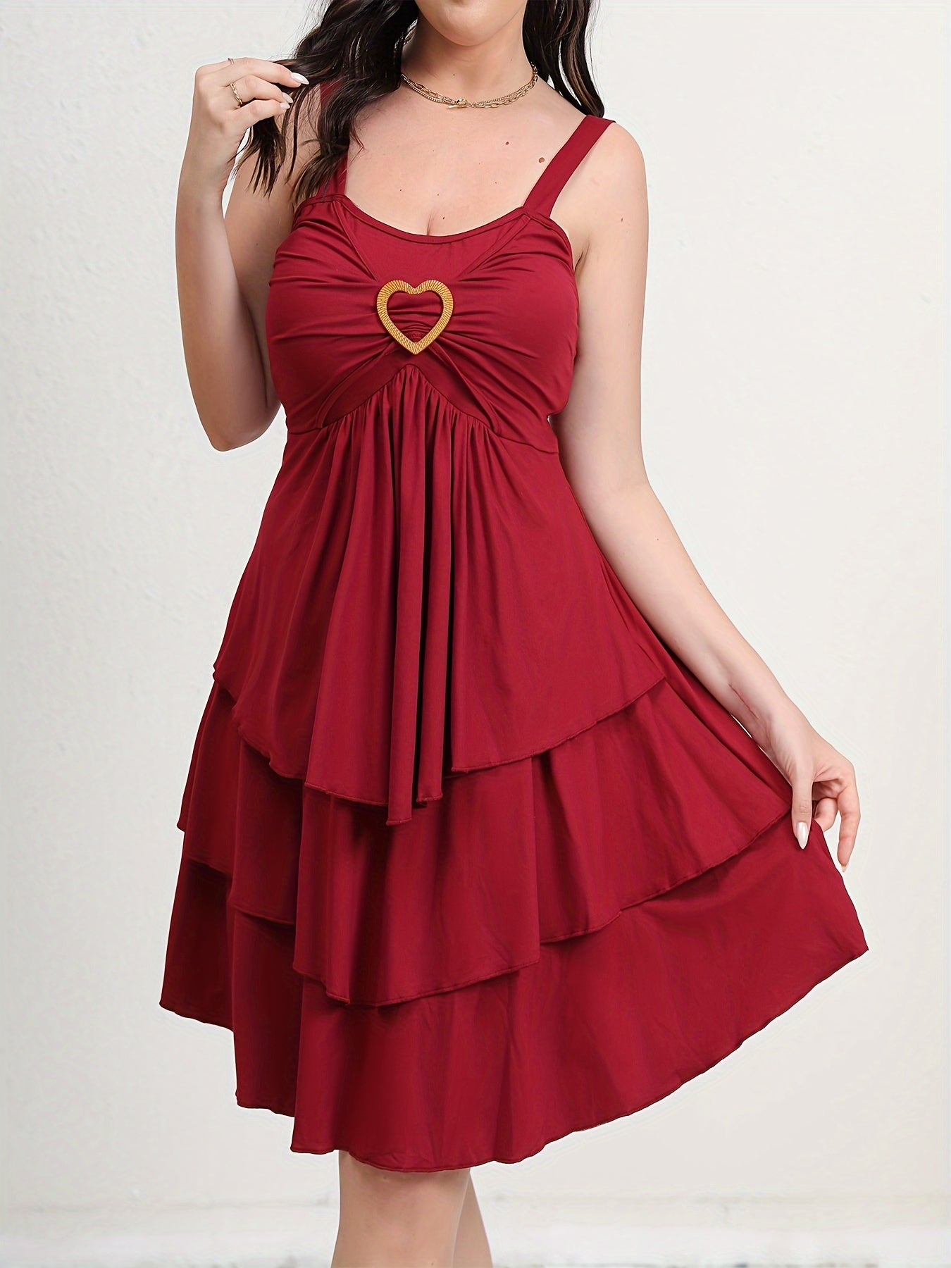 Plus Size Elegant Dress, Women's Plus Solid Sweetheart Neck Heart Decor Ruched Layered Bandana Hem Dress