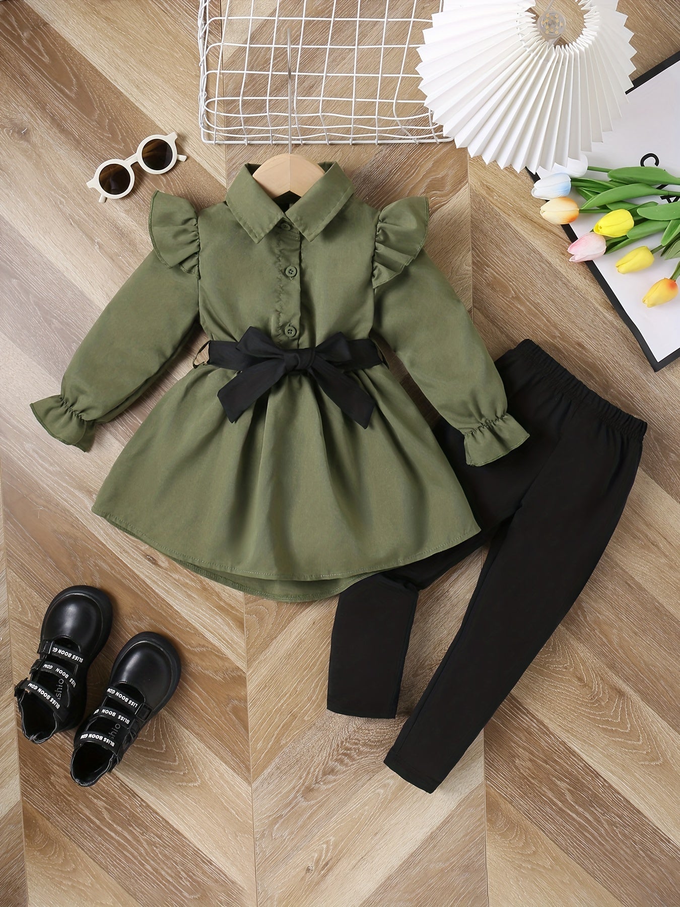 Girl's 2pcs Long Sleeve Shirt With Belt & Pants Set, Ruffle Decor Trendy Casual Outfits, Kids Clothes For Spring Fall