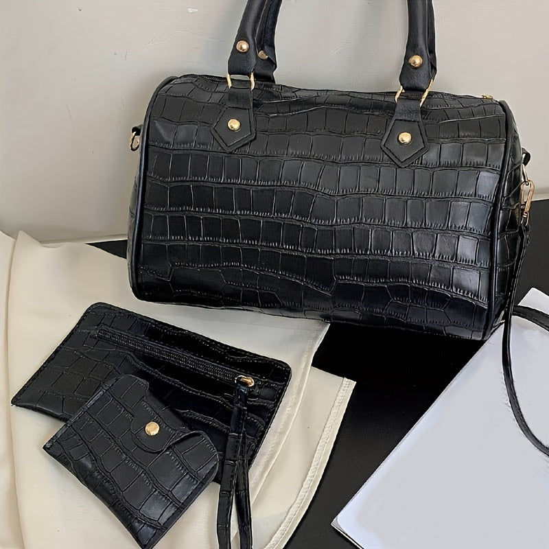 3pcs Retro Crocodile Pattern Handbag Set, Women's Crossbody Boston Bag With Clutch Bag & Credit Card Holder