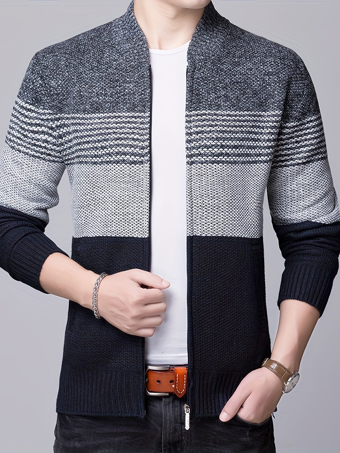 Color Block Warm Zip Up Jacket Sweater, Men's Casual Stand Collar Mid Stretch Cardigan For Fall Winter
