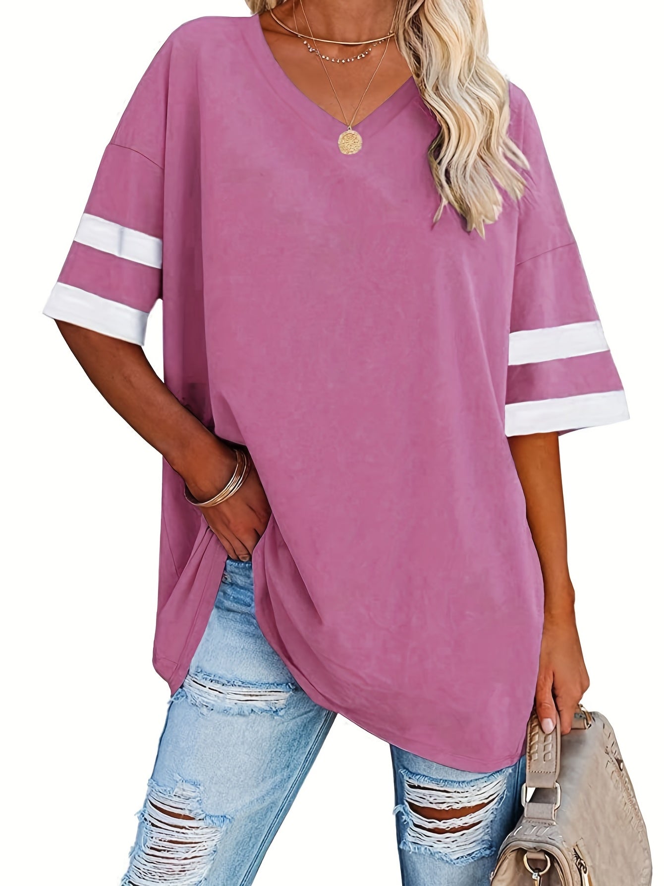 Plus Size Casual T-shirt, Women's Plus Colorblock Drop Shoulder Short Sleeve V Neck Slight Stretch Oversized T-shirt