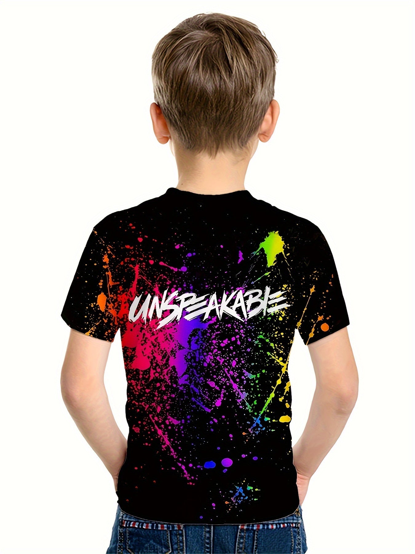 Paint Splash Pattern Kid's T-shirt, UNSPEAKABLE Print Casual Short Sleeve Top, Unisex Tee, Girl's & Boy's Clothes For Summer