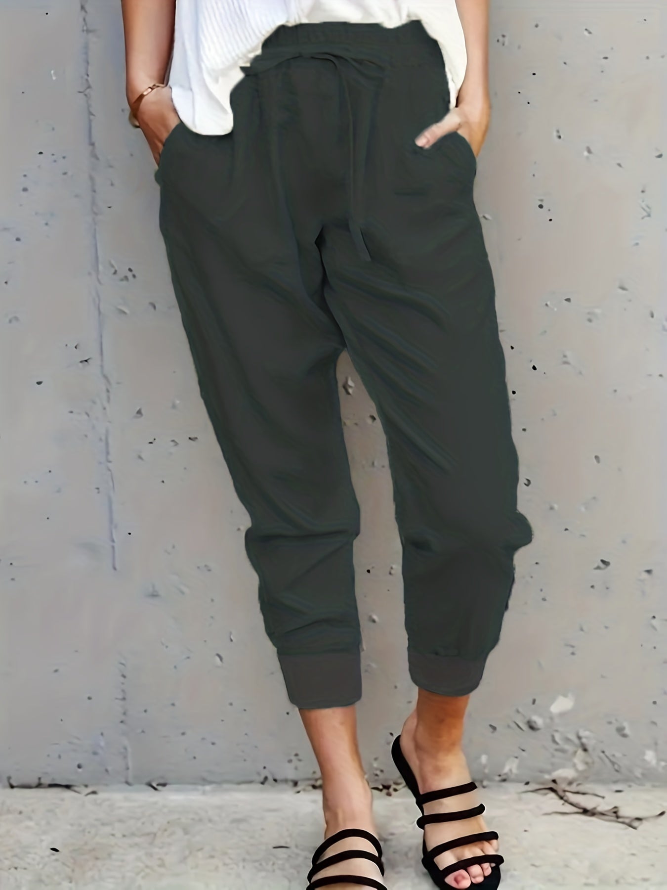 Minimalist Drawstring Waist Pants, Solid Casual Pants For Spring & Summer, Women's Clothing