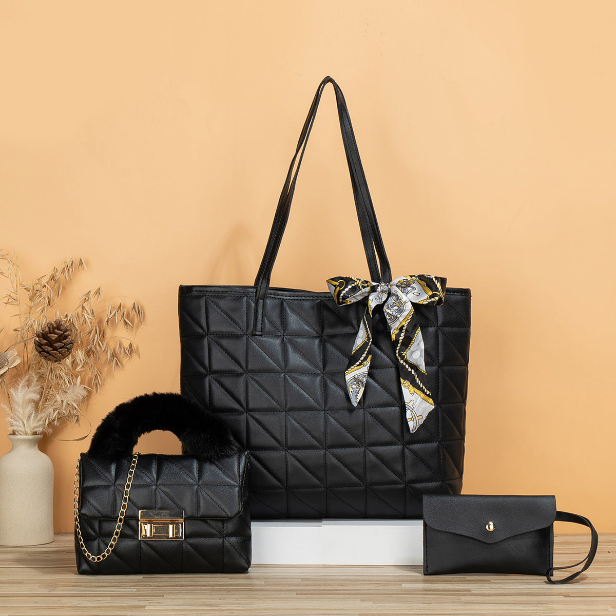 4 Pcs Quilted Detail Bag Sets, Solid Color Tote Bag With Shoulder Chain Bag & Purse & Crossbody Bag, Classic Bags With Scarf Decor