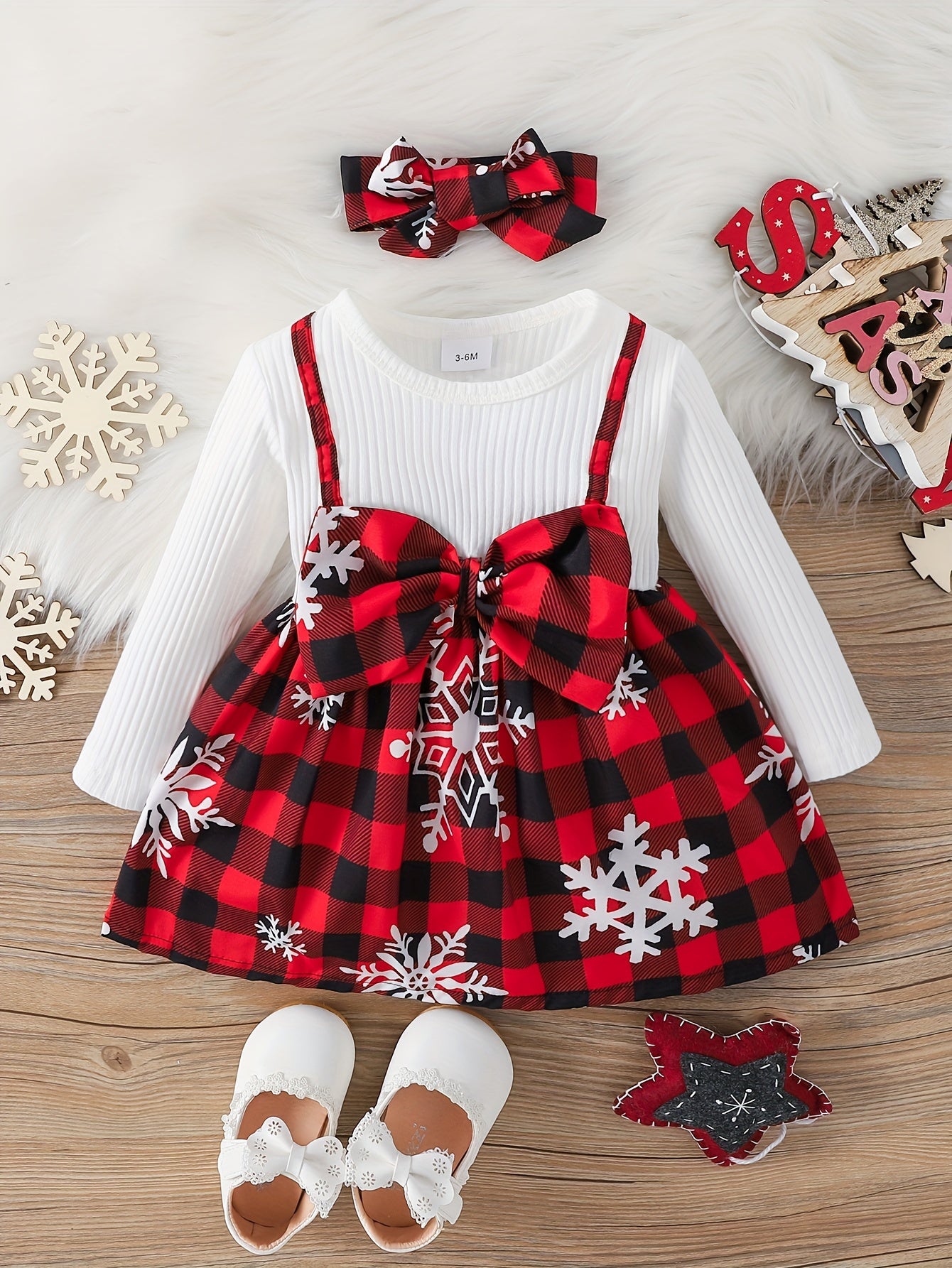 2pcs Baby Girl Christmas Cute Bow Snowflake Print Dress + Headscarf Set