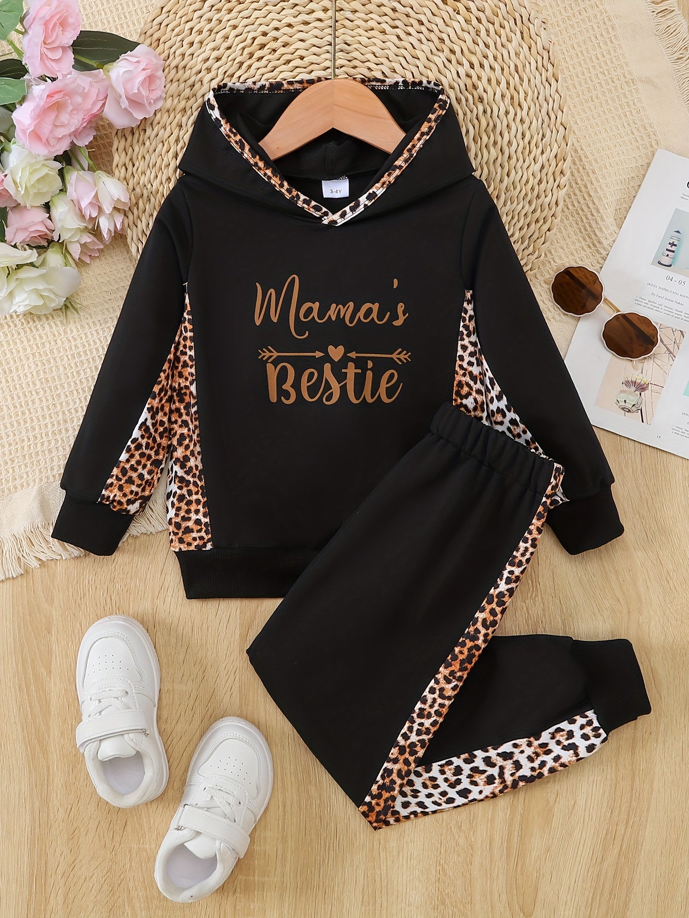 Leopard Pattern Toddler Girl's 2pcs, Hoodie & Sweatpants Set, MAMA'S BESTIE Print Casual Outfits, Kids Clothes For Spring Fall