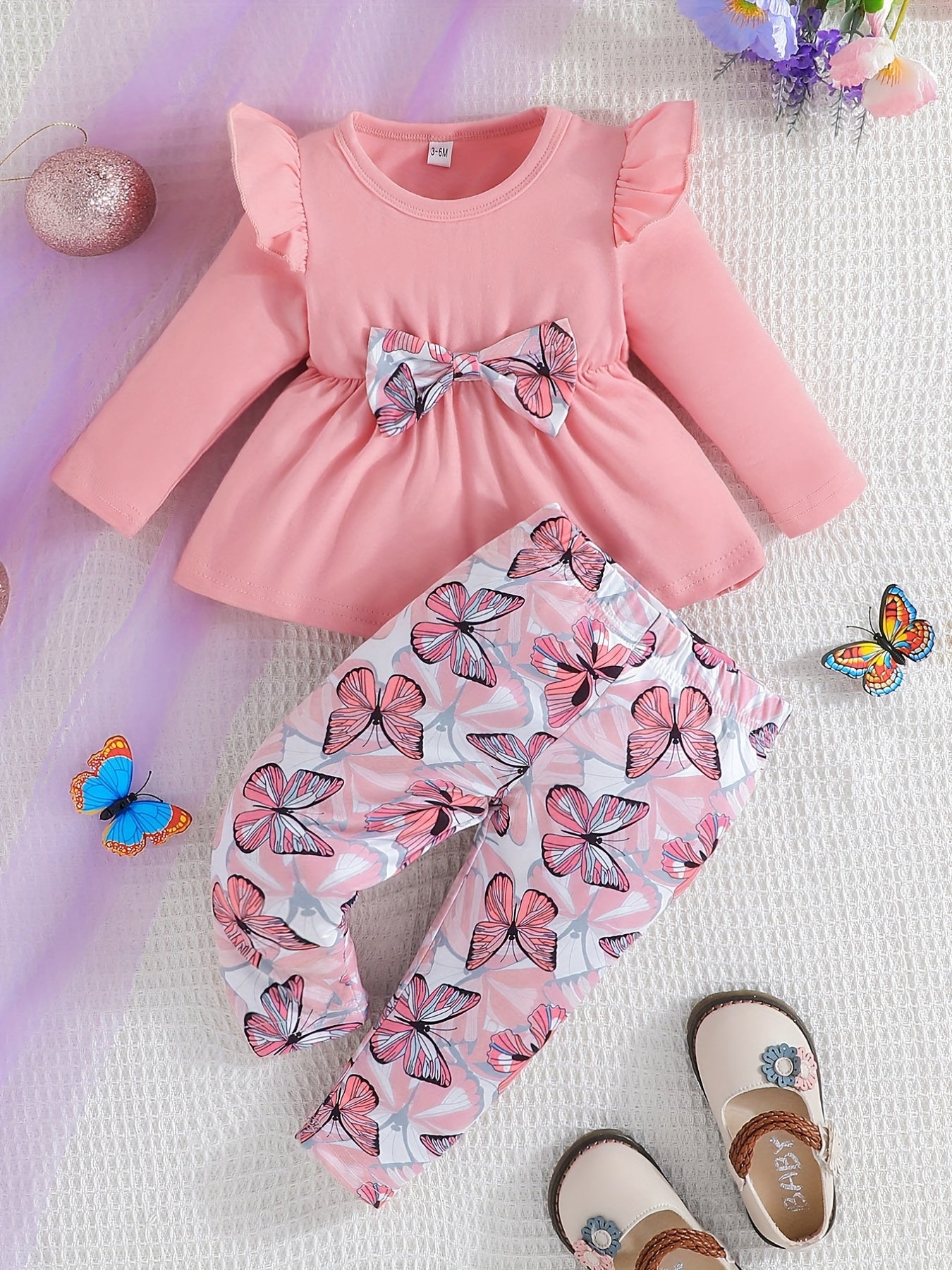 Baby Girls Bow Long Sleeve Romper + Butterfly Print Pants 2pcs Set