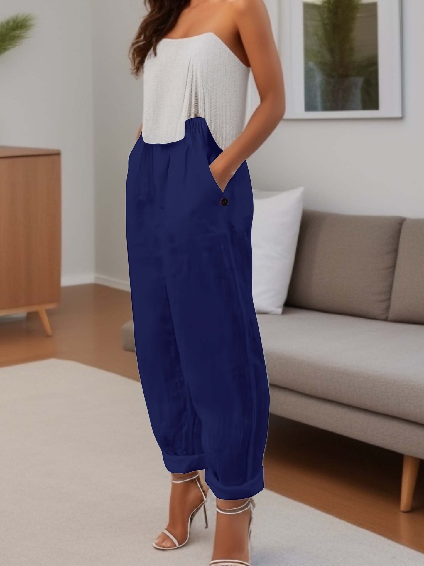 Minimalist Solid Versatile Pants, Casual Wide Leg Elastic Waist Summer Pants, Women's Clothing