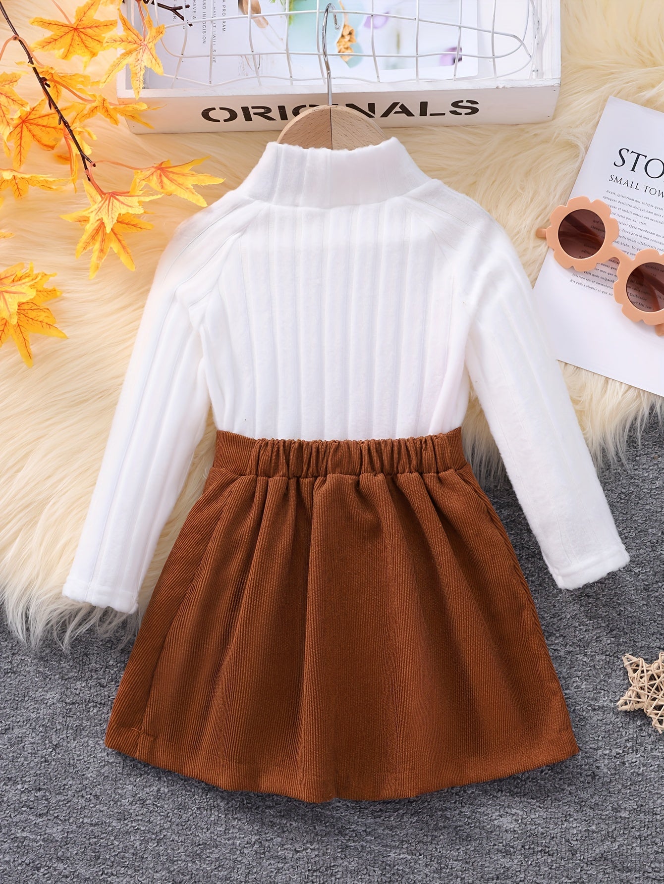 2pcs Little Girl's Stylish Outfits, Ribbed Knitted Turtleneck Top & Corduroy Skirt Set, Kids Clothes Autumn And Winter