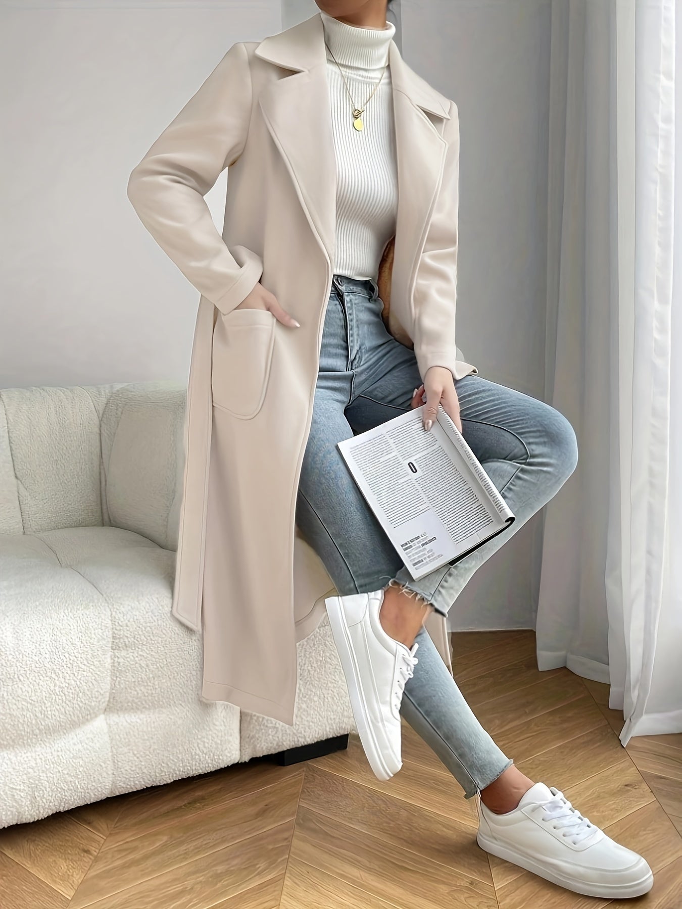 Solid Lapel Mid Length Overcoat, Casual Open Front Long Sleeve Outerwear With Pockets, Women's Clothing