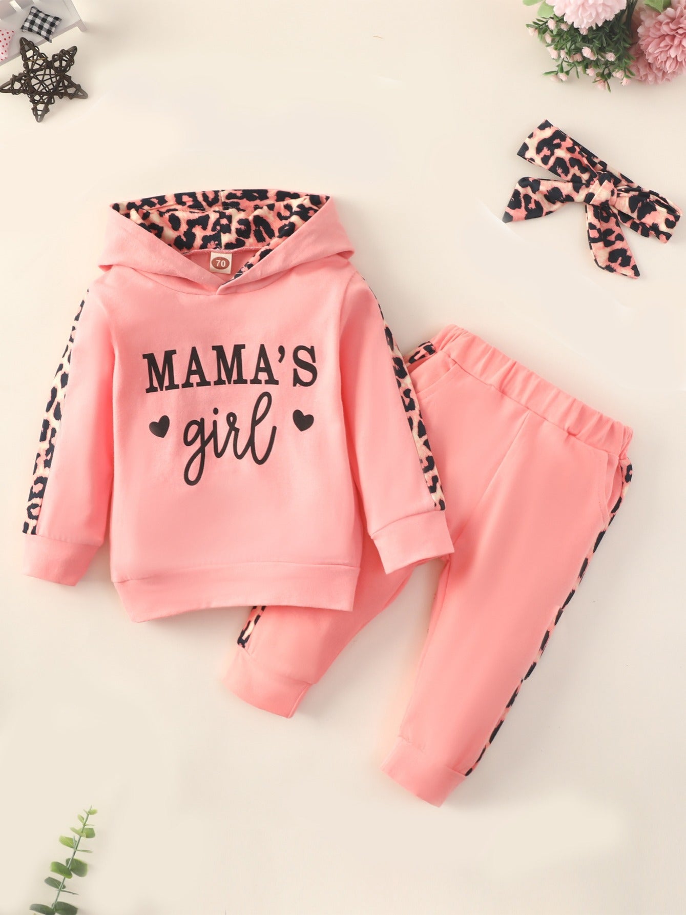 3pcs Baby Girls Casual  Hoodie Set, Leopard Print Long Sleeve Hooded Sweatshirt & Pants & Headband Set