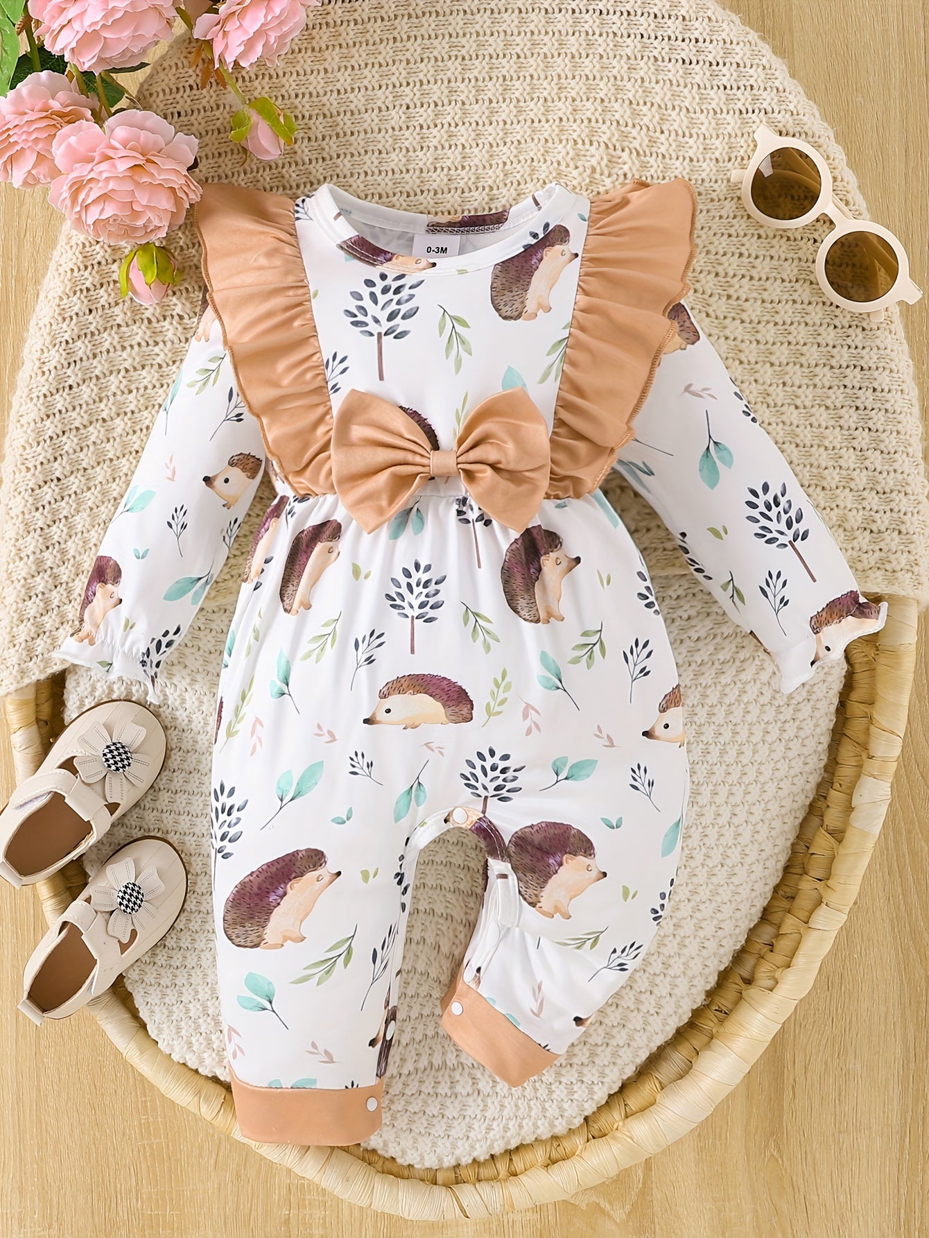 Baby Girl Long Sleeve Bodysuit Cute Ruffle Tunic Flower Deer Print Cute Onesie Christmas Daily Clothes For Spring Autumn