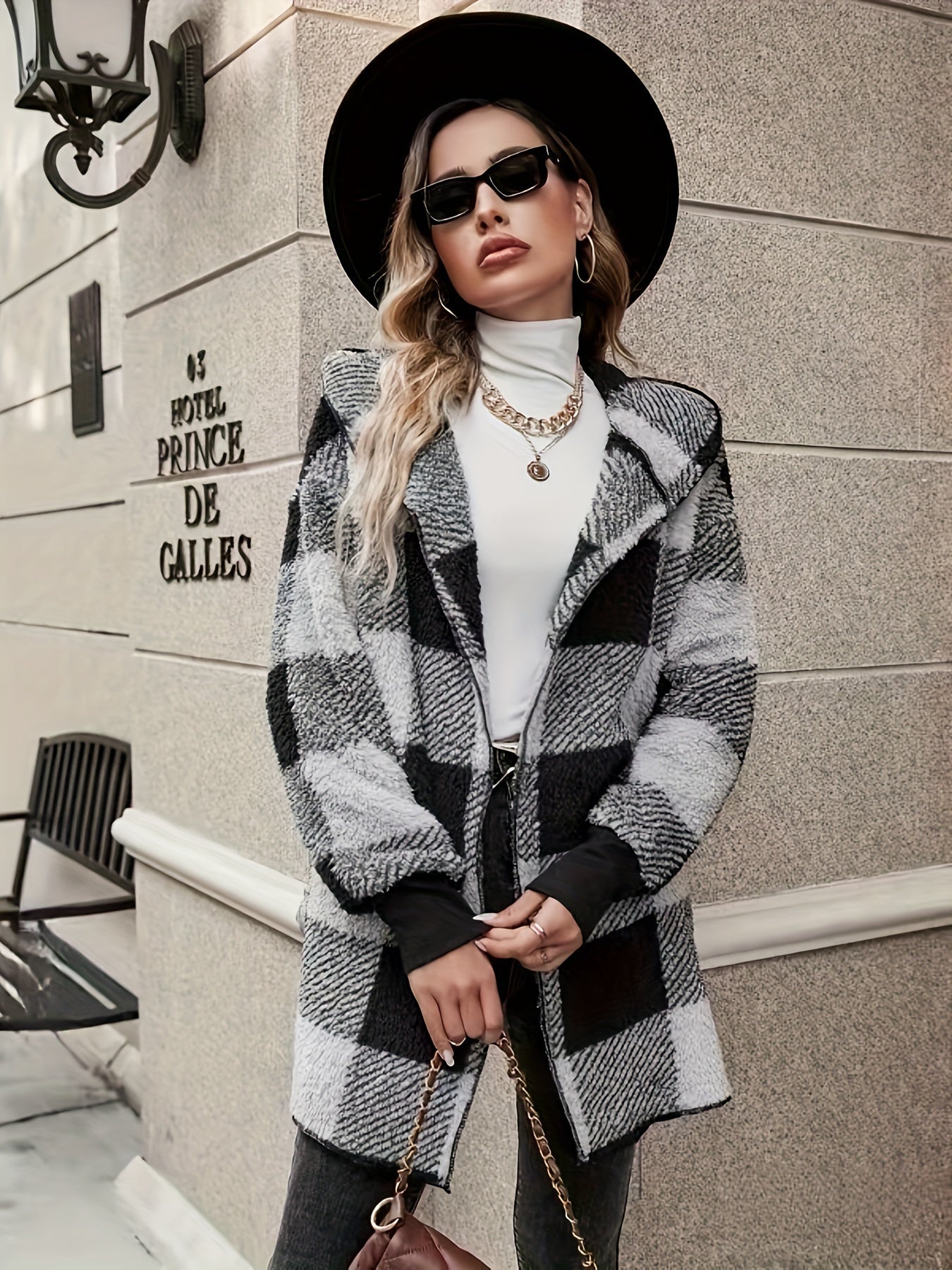 Plaid Print Hooded Teddy Coat, Casual Open Front Thermal Outerwear, Women's Clothing