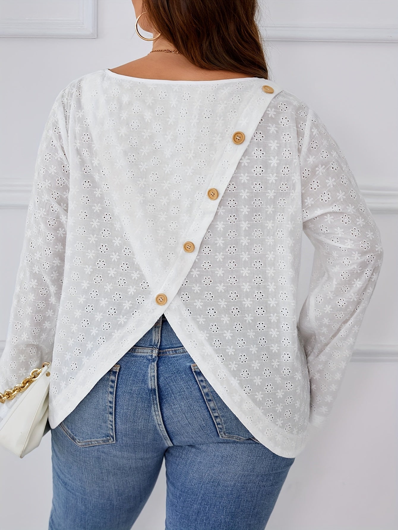 Plus Size Casual Blouse, Women's Plus Solid Eyelet Embroidered Round Neck Long Sleeve Button Decor Top