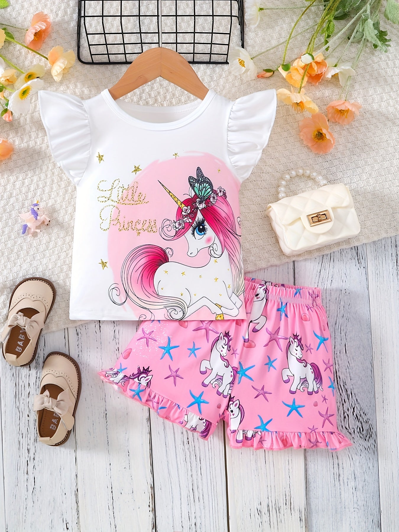 2pcs Girls Ruffle Trim Cute Cartoon Unicorn Graphic T-shirt Top & Ruffled Hem Elastic Waist Shorts Set Kids Summer Clothes