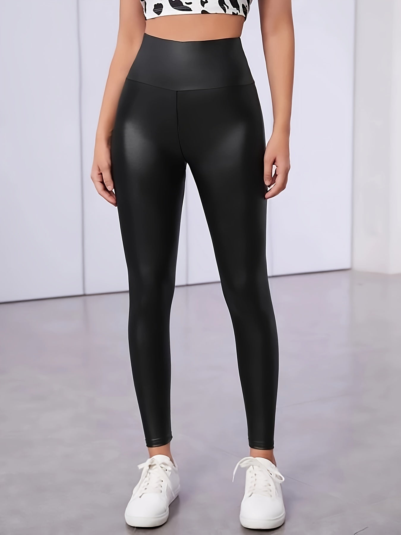 Faux Leather High Waist Fleece Sports Leggings, Fashionable Sexy Running Yoga Skinny Pants, Women's Activewear
