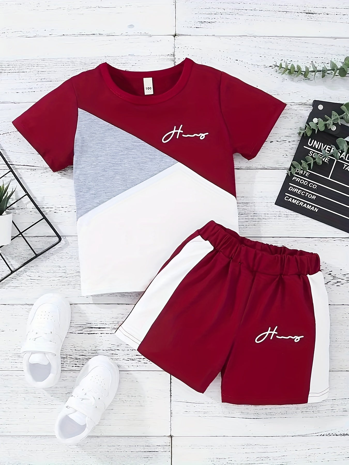 Boys Color Block Casual Outfit Round Neck T-shirt & Shorts Kids Summer Clothes Sets