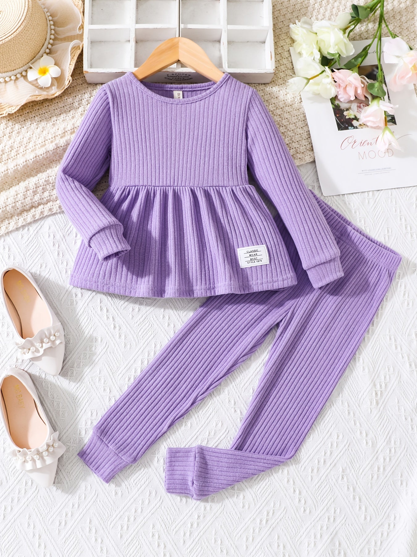 Girls 2pcs Ruffle Decor Top & Elastic Waist Pants Solid Color Patched Ribbed Crew Neck Long Sleeve Pullover Top Casual Kids Clothes Spring Fall