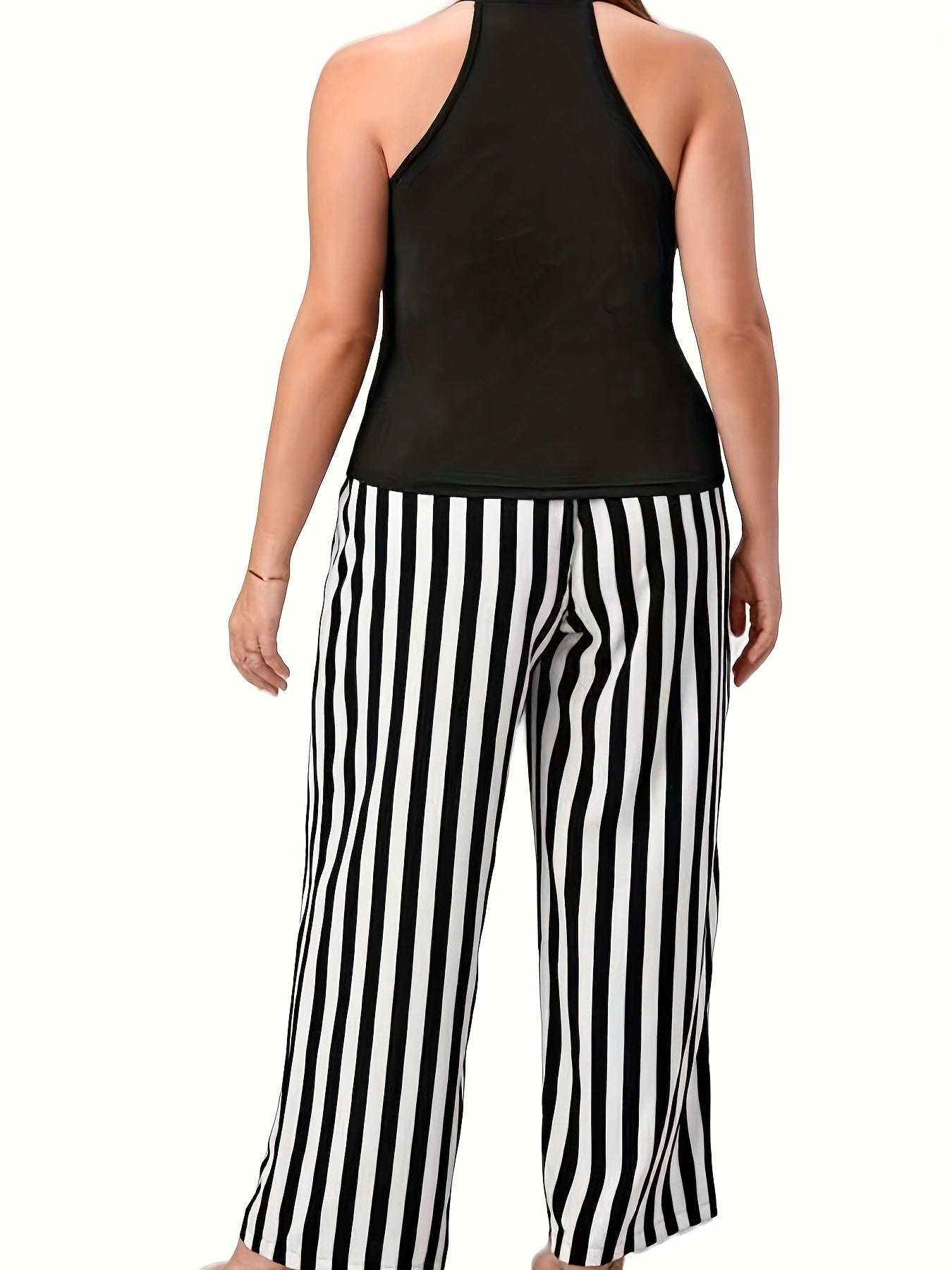 Plus Size Elegant Outfits Set, Women's Plus Solid Halter Neck Cami Top & Striped Pants With Belt Outfits Two Piece Set