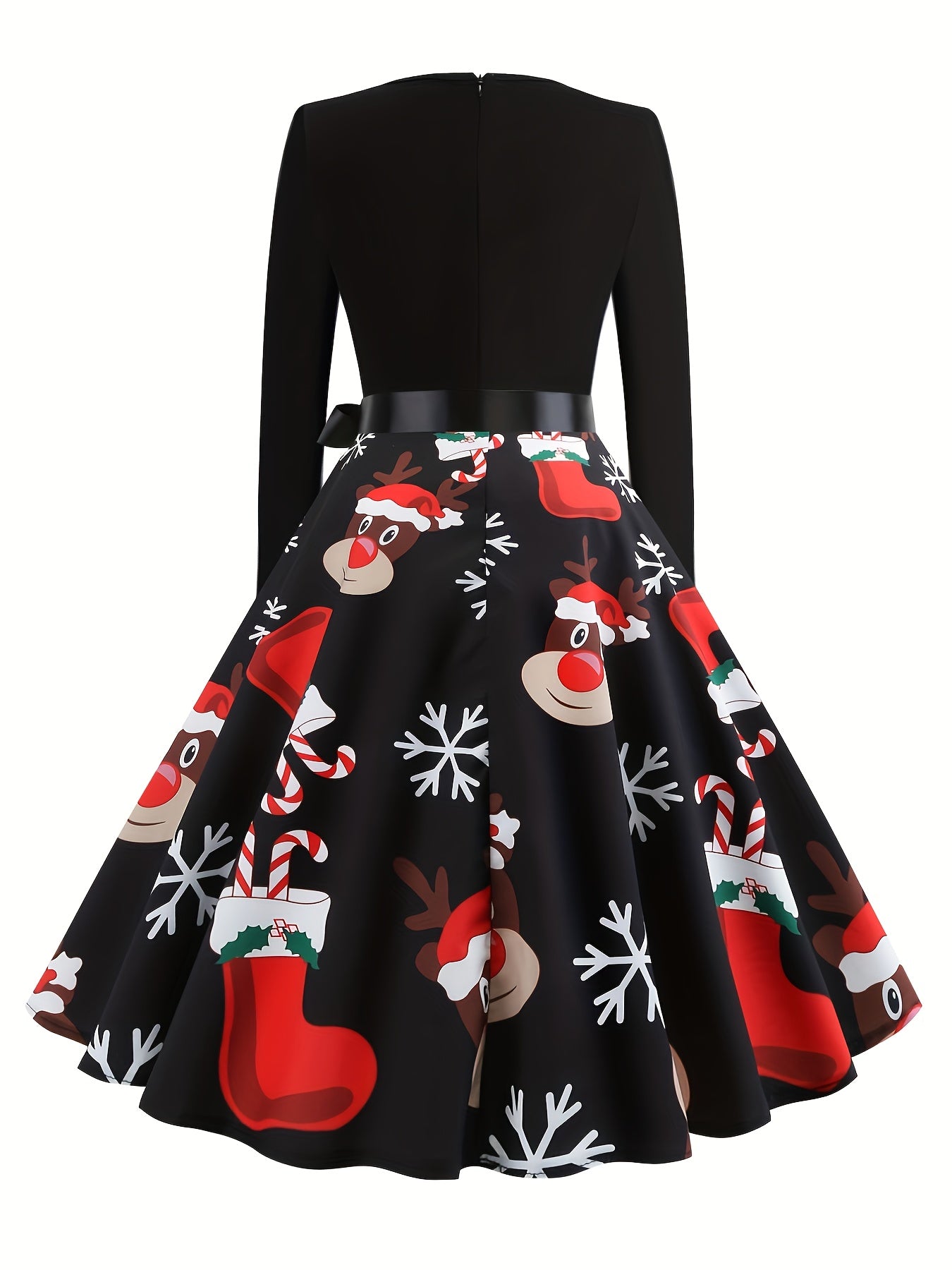 Christmas Graphic Print Dress, Elegant Crew Neck Long Sleeve Dress, Women's Clothing