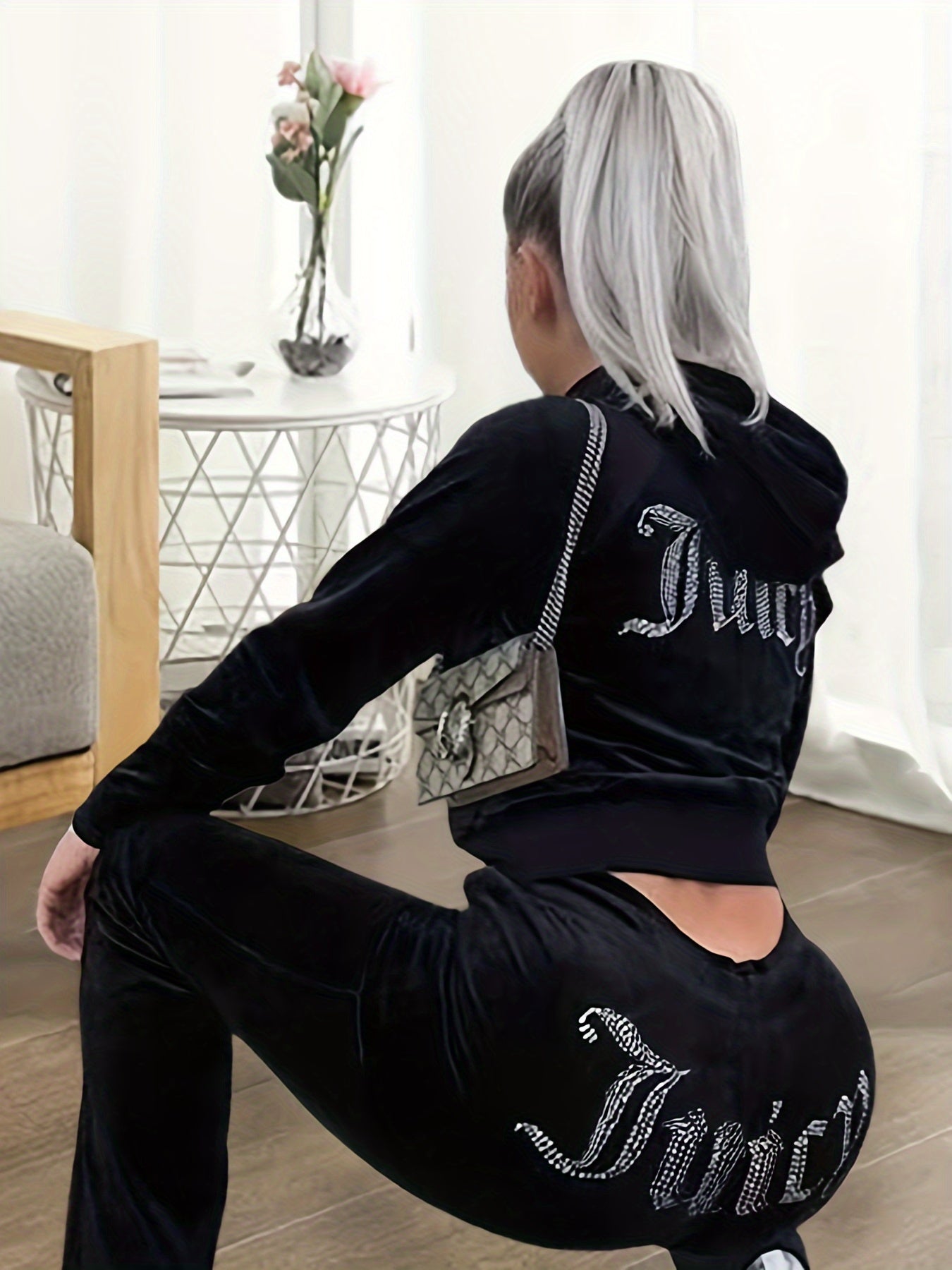 Rhinestone Decor Two-piece Set, Zip Front Long Sleeve Hoodie & Elastic Waist Pants Outfits, Women's Clothing