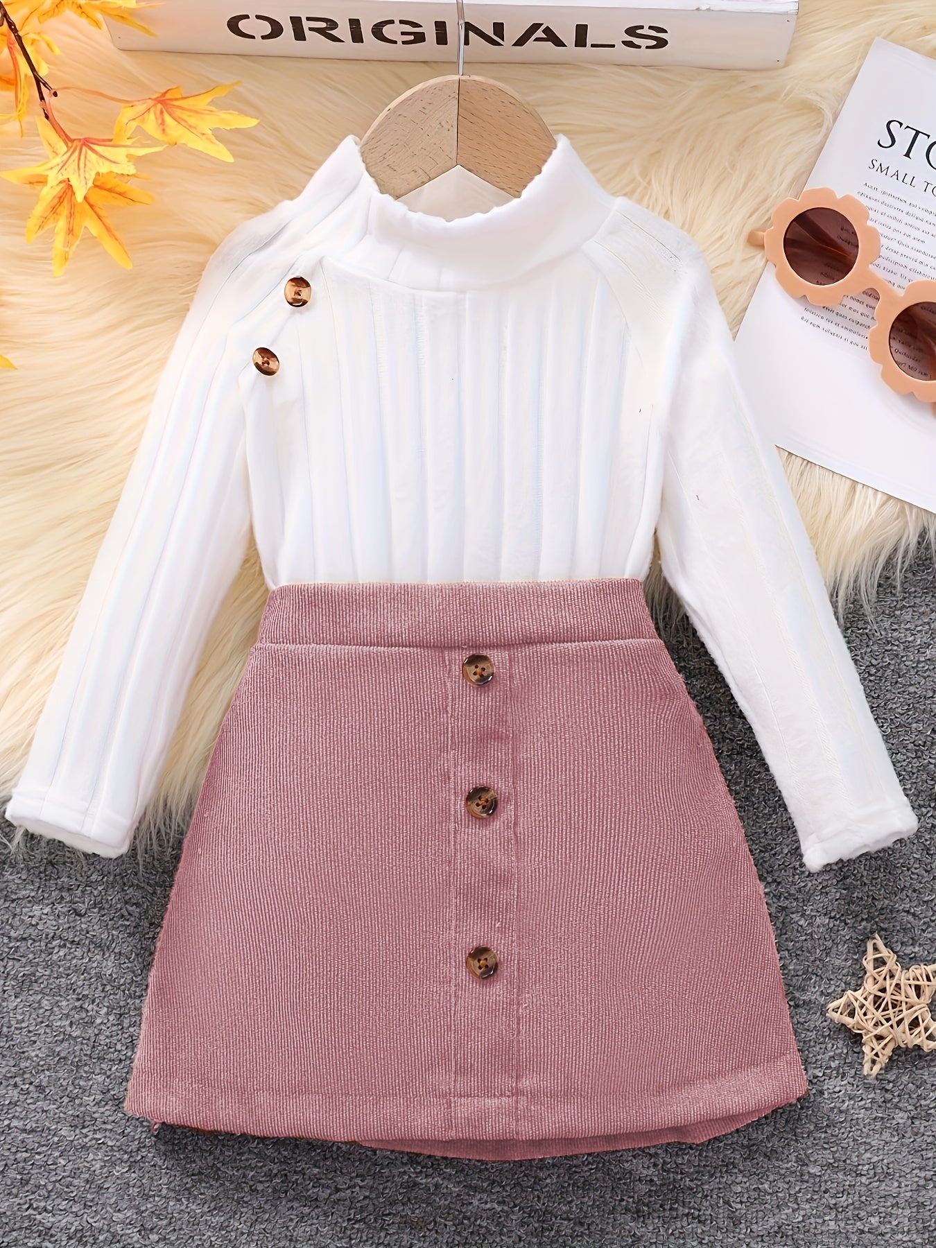 2pcs Little Girl's Stylish Outfits, Ribbed Knitted Turtleneck Top & Corduroy Skirt Set, Kids Clothes Autumn And Winter