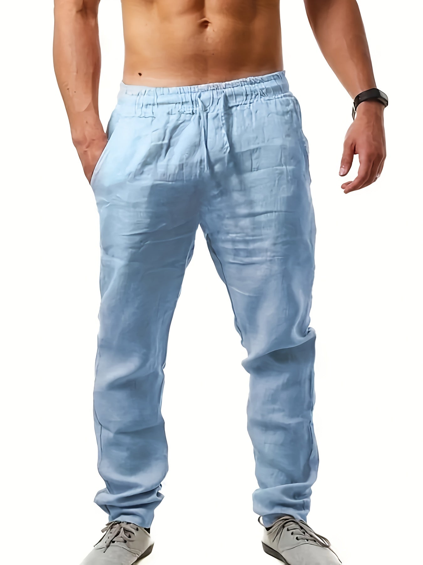 Fashionable Men's Solid Drawstring Casual Linen Pants,Suitable For Outdoor Sports, Comfortable And Versatile