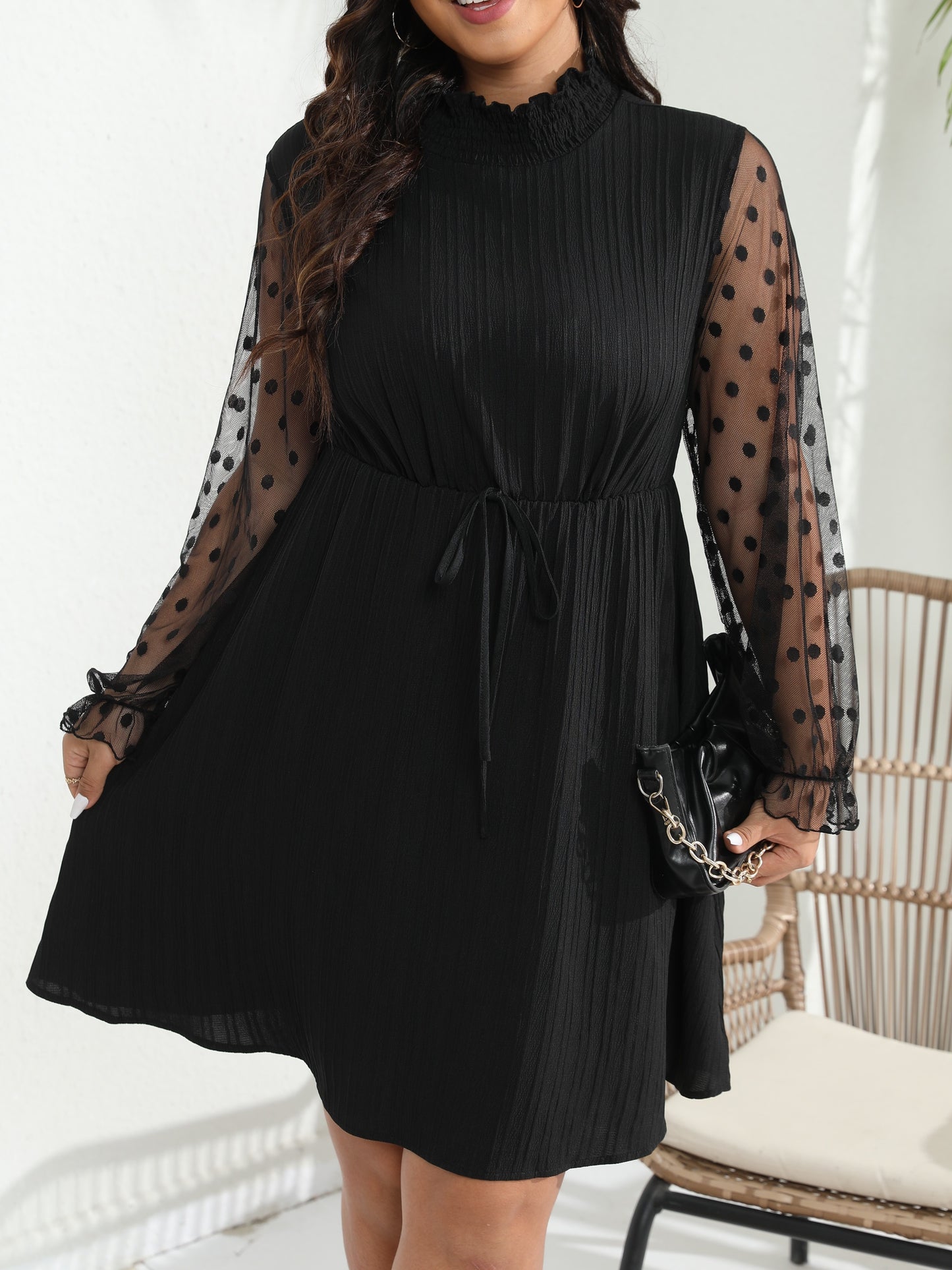 Plus Size Elegant Dress, Women's Plus Solid Ribbed Contrast Mesh Flounce Sleeve Tie Front Mock Neck Knee Length Dress